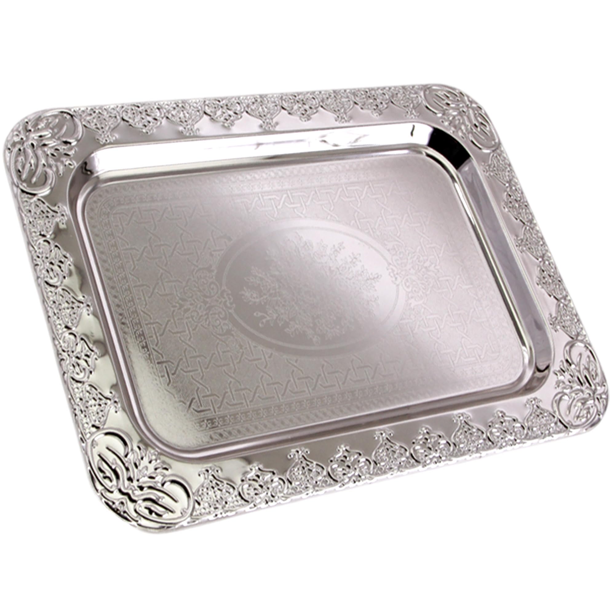 13.9x9.8 Inch Oblong Chrome Plated Serving Tray Floral Engraved