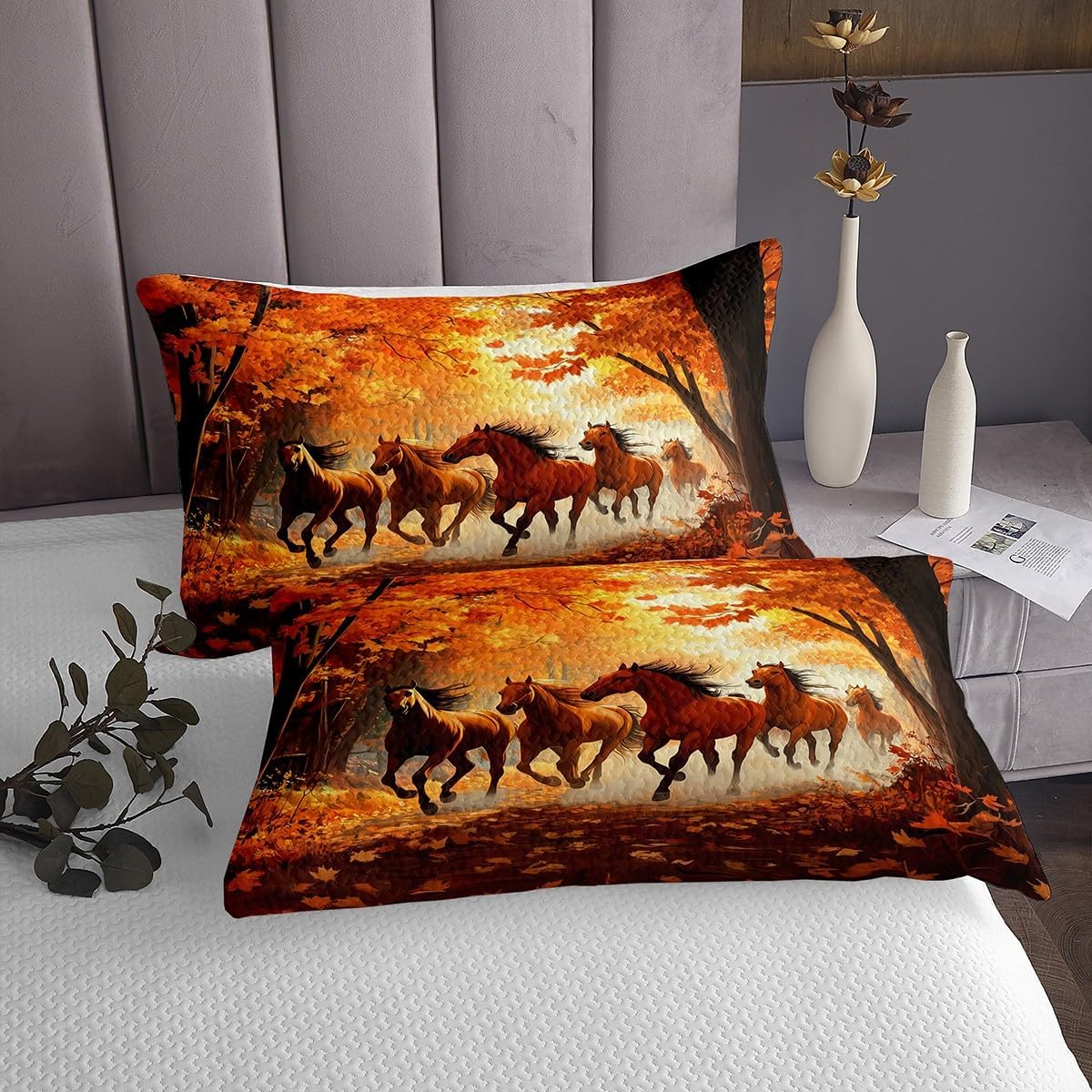 Running Horse Bedspread Queen Size,Fall Maples Leaves Bedding Set for Kids Boys Girls Room Decor,Autumn Woodland Wildlife Quilt 3Pcs,Animal Nature Scenery Soft Coverlet Set,2 Pillowcases
