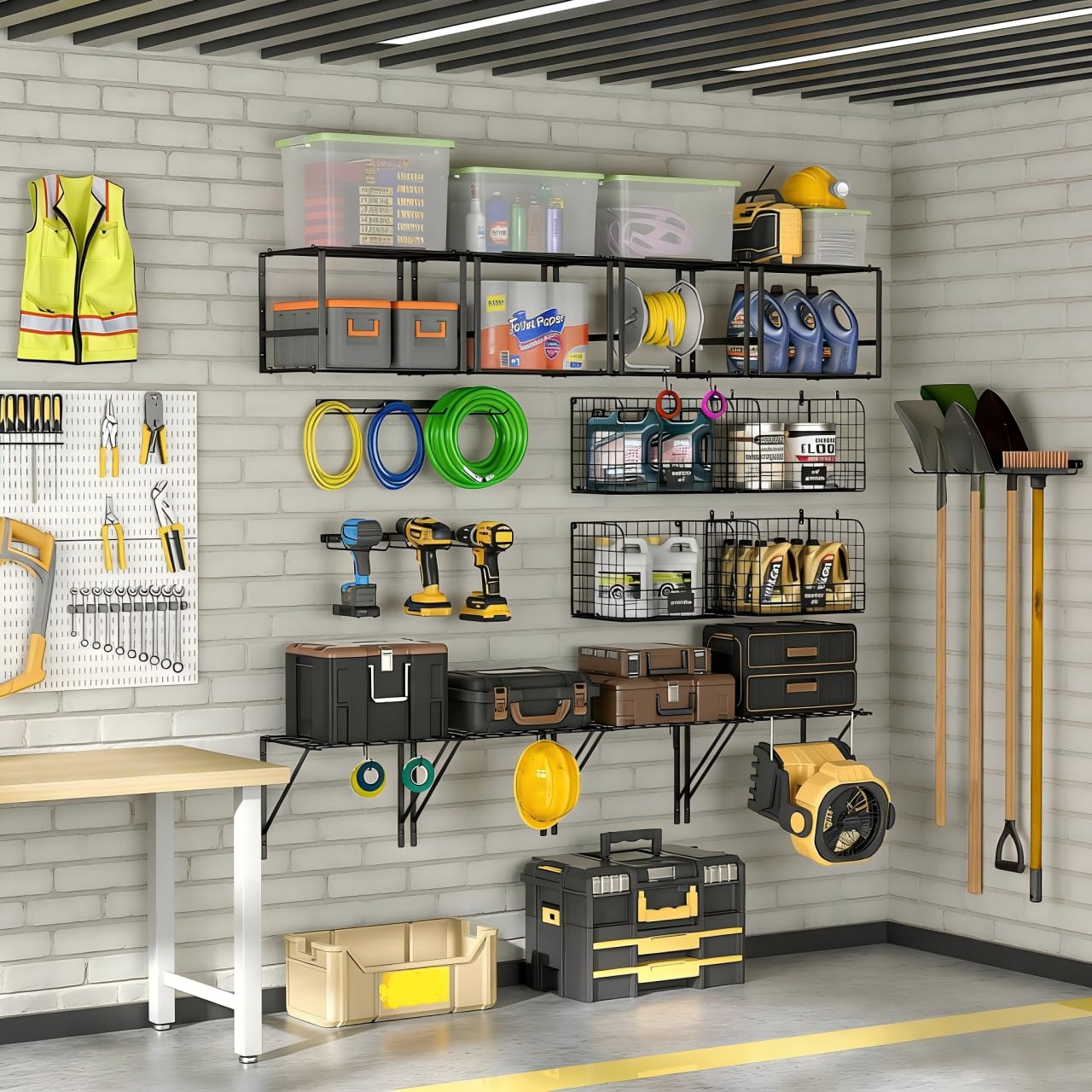 Scaffalatura per Garage Resistente con Cestelli Metallici, Mensole per Lavanderia, Mensole da Parete, Organizer per Attrezzi per Capannone, Giardino, Cucina, Rimorchio