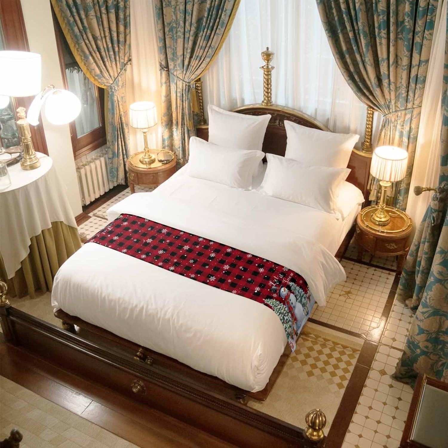 Winter Xmas Bed Runner for Full/ Queen Size Bed, Bedspread Protector Slipcover Bed Scarf for Foot Bed Runners & Scarves for Bedroom Wedding Room 83x20 Inches Christmas Snowman Pine Tree Plaid Red