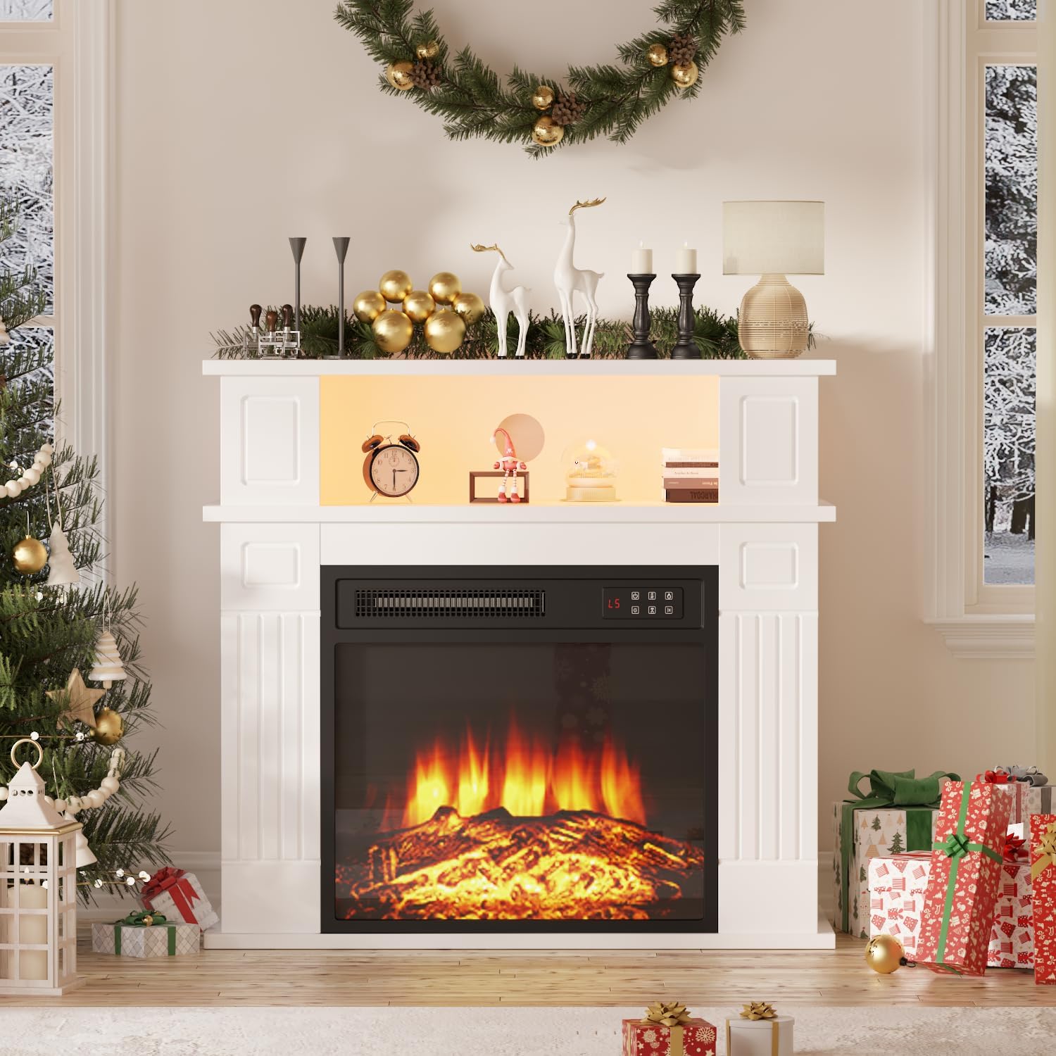 28" Electric Fireplace with Mantel, Small LED Fireplace Mantel with 18" Fireplace Insert, 3D Realistic Flame, Portable Freestanding Fireplace with a Shelf for Living Room, Remote Control, White