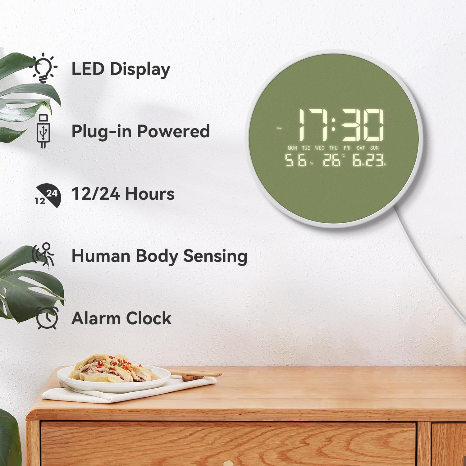 LED Digital Wall Clock with Temperature Humidity Display Auto Light Sensor 12/24H Format Large Number Calendar Modern Decorative 12-Inch Round Clocks for Living Room Bedroom Office Kitchen