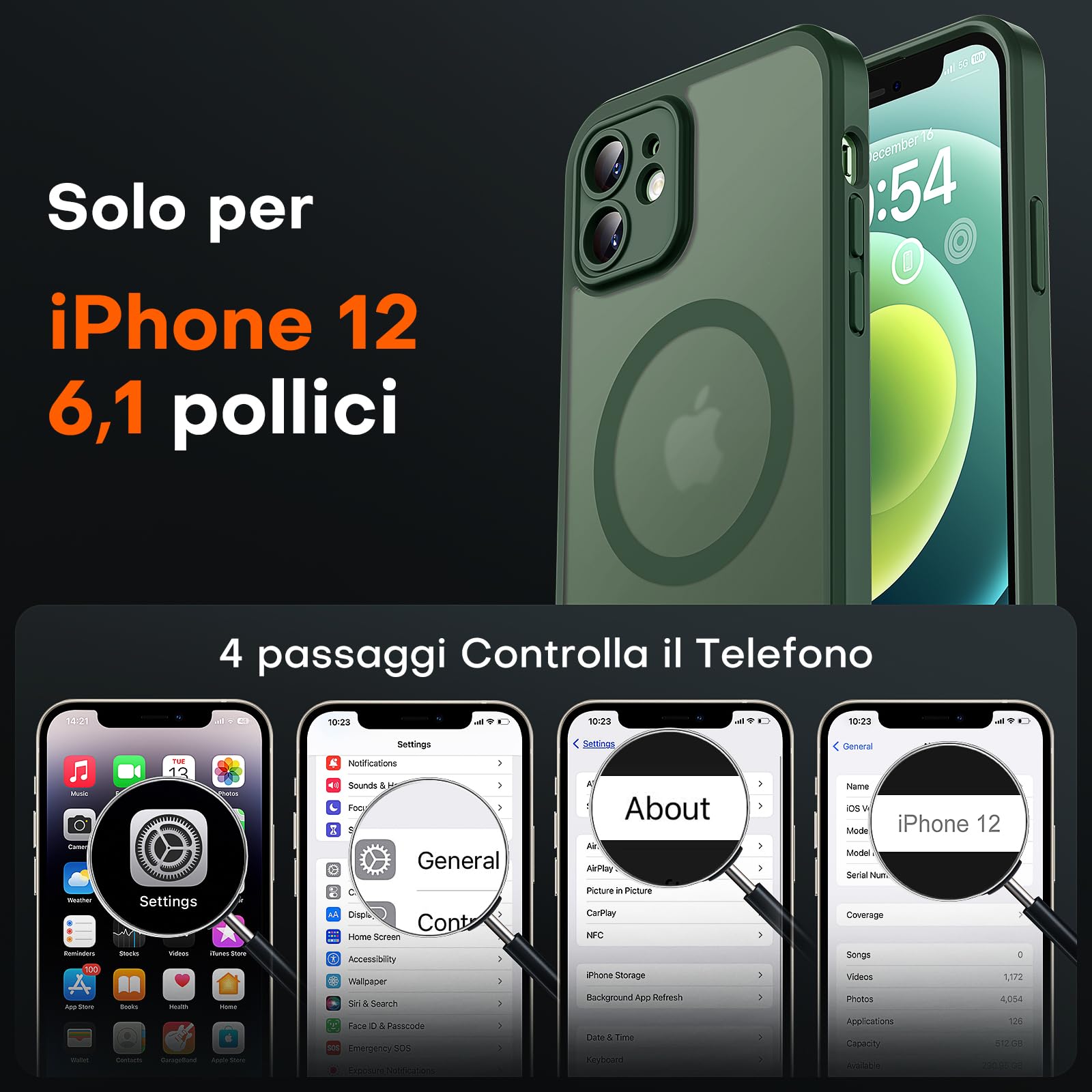 TOCOL Cover Magnetica per iPhone 12 6,1 Pollic, Compatibile con MagSafe, Protezione Fotocamera Integrata, Custodia Antiurto Traslucida Opaca, Verde Alpino