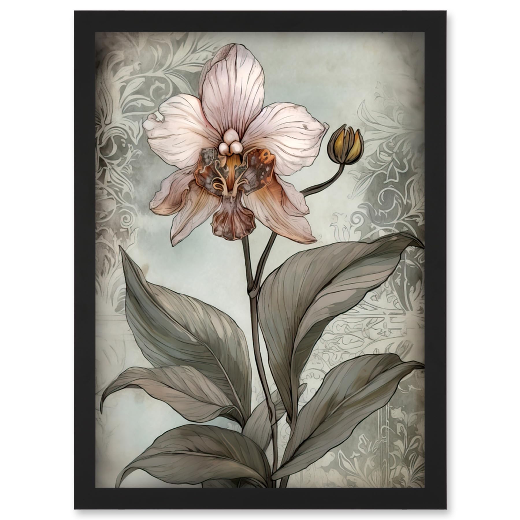 Artery8 Art Nouveau Pink Orchid Bloom Flower Watercolour Artwork Framed Wall Art Print A4
