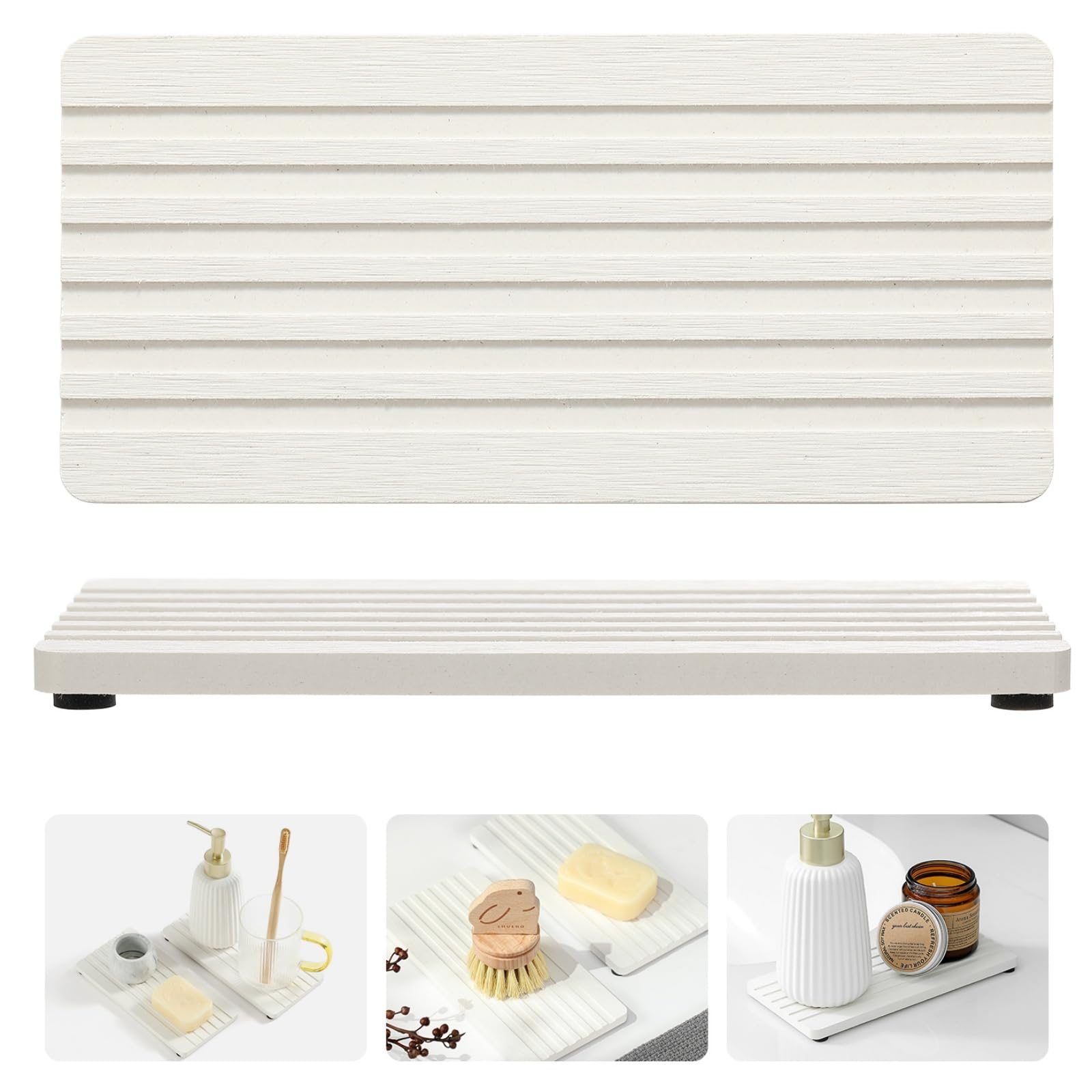 Razborci 2PCS Diatomite Quick Stone Drying Tray Mat for Bathroom & Kitchen Counter, Instant Dry Water Absorbent Drink Bar Coasters,Vanity Sink Caddy Organizer,Dish Soap Sponge Holder, Ivory,8"x3.8"