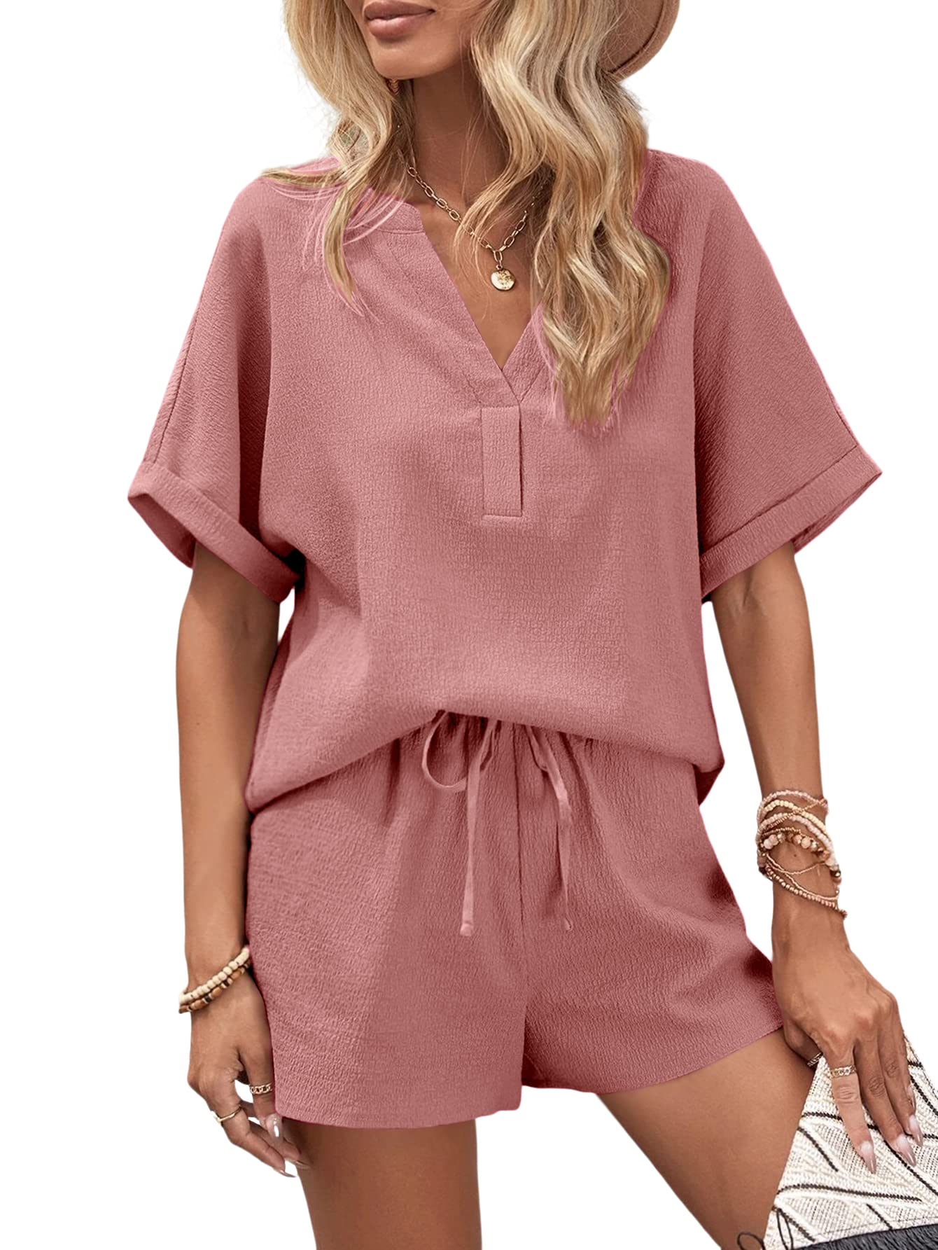 Double Take Full Size Texture Round Neck Short Sleeve Top and Pants Set in Black