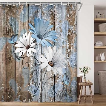 JAWO Farmhouse Flower Floral Shower Curtain, Rustic Blue Daisy Shower Curtain Set, Country Blue Wild Garden Plant Fabric Shower Curtain with Hooks, Brown Wooden Board Bathroom Curtain, 69x75inch