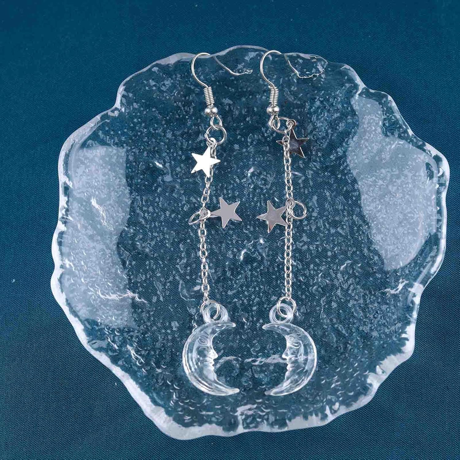 Boho Long Star Moon Dangle Earrings Acrylic Crescent Moon Drop Earrings Silver Star Tassel Earrings Transparent Crescent Earrings Jewelry for Women and Girls - Image 6