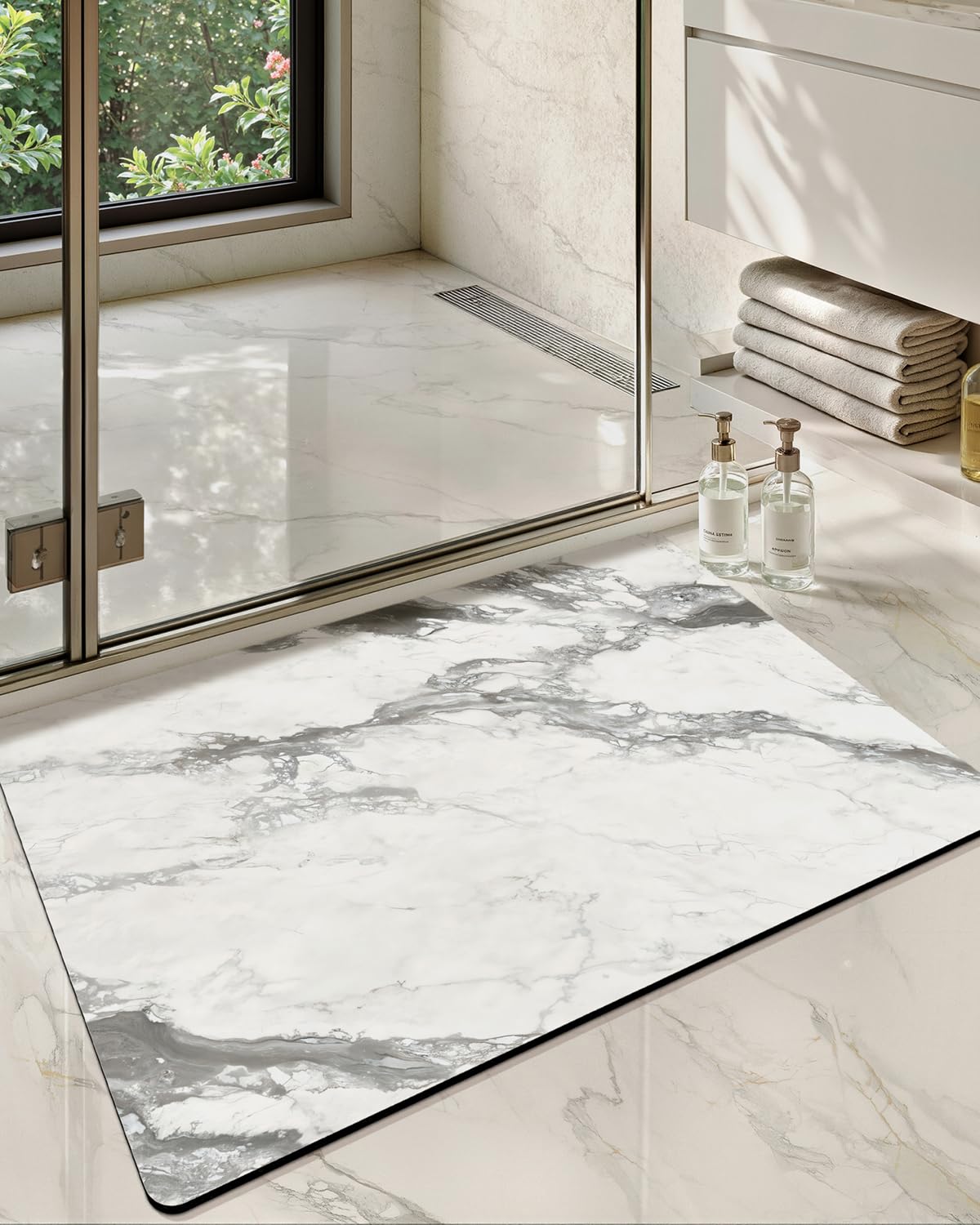 Color&Geometry Gray-Veined White Marble - Patterned Bathroom Rug, Ultra-Thin, Non Slip, Washable and Quick Dry Shower Mat, 17"x30" Small Luxury Shower