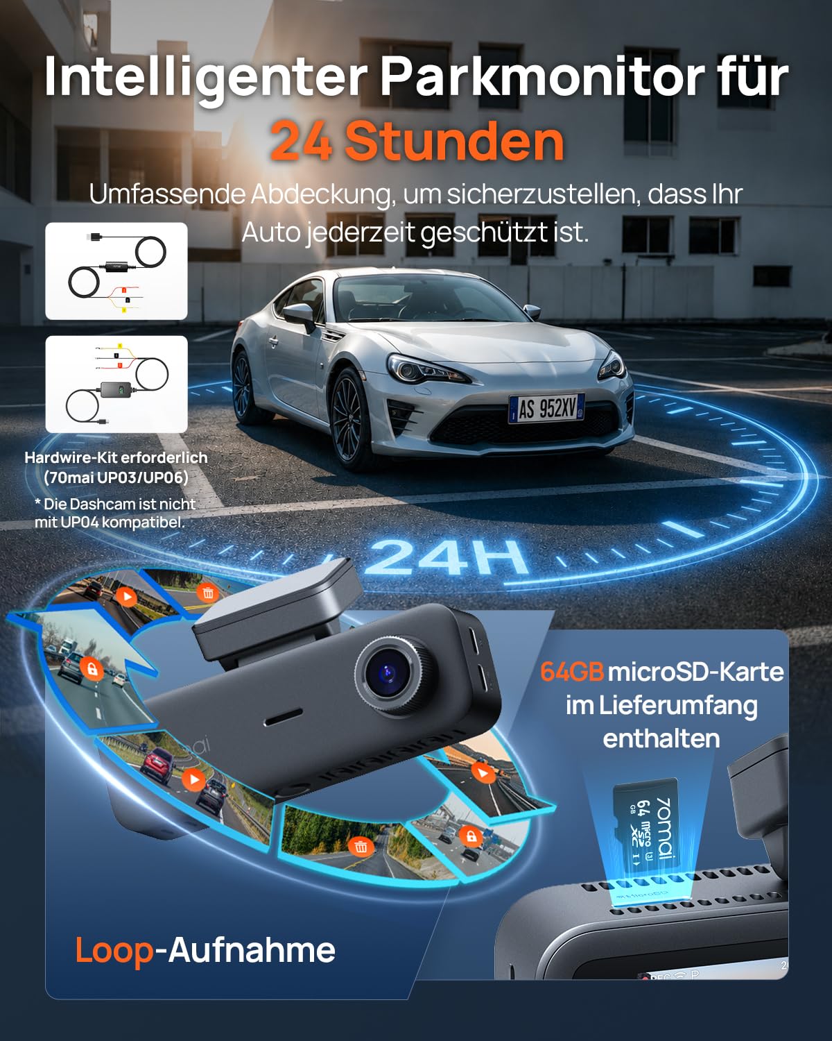 70mai T800E 4K 3-Kanal Dashcam Auto, 4K+1080P+1080P, HDR F1.55, IR Nachtsicht, Parküberwachung 24H, GPS, WiFi 6, 64GB SD