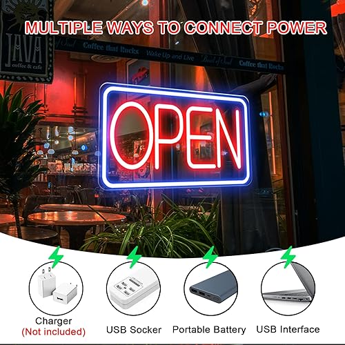 Miniatura 4 de Letrero abierto de neón LED de 16.5 x 9 pulgadas para ventana de negocios, alimentado por USB con interruptor, 5 tipos de ajuste de brillo para