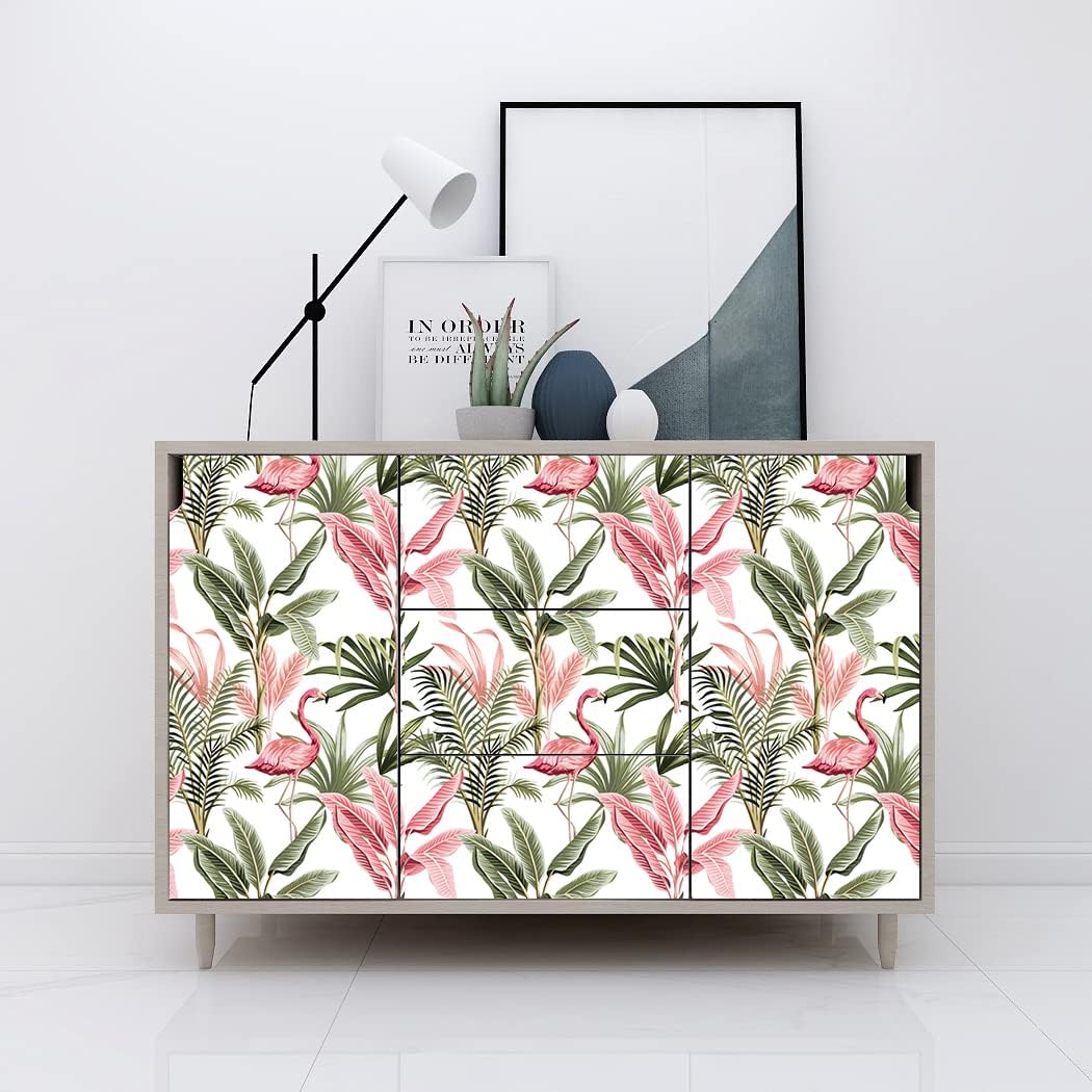 Watercolor Pink Flamingo Tropical Peel and Stick Wallpaper Removable Green Leaf Vinyl Self Adhesive Wallpaper for Wall Decor 17.7in x 9.8ft
