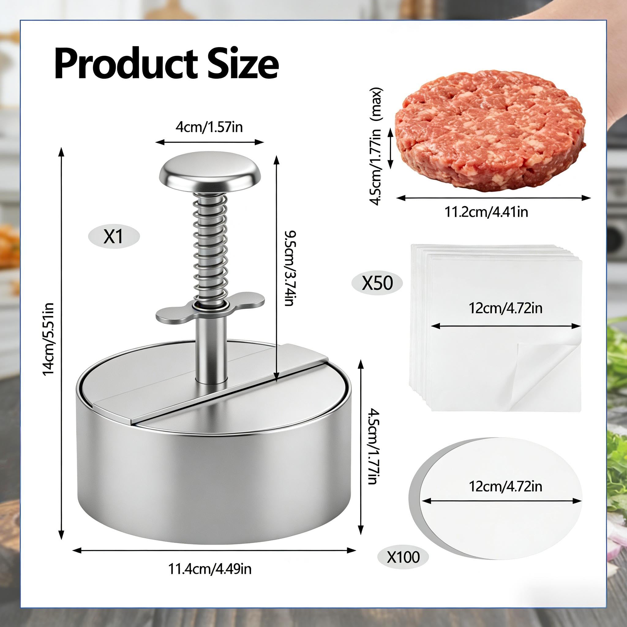304 Acero Inoxidable Prensa Hamburguesas Hacer Hamburguesas de 11Cm de Diámetro Incluye 150 Láminas Papel Horno Molde para Hacer Hamburguesas Adecuado para Barbacoas y Ocasiones Similares