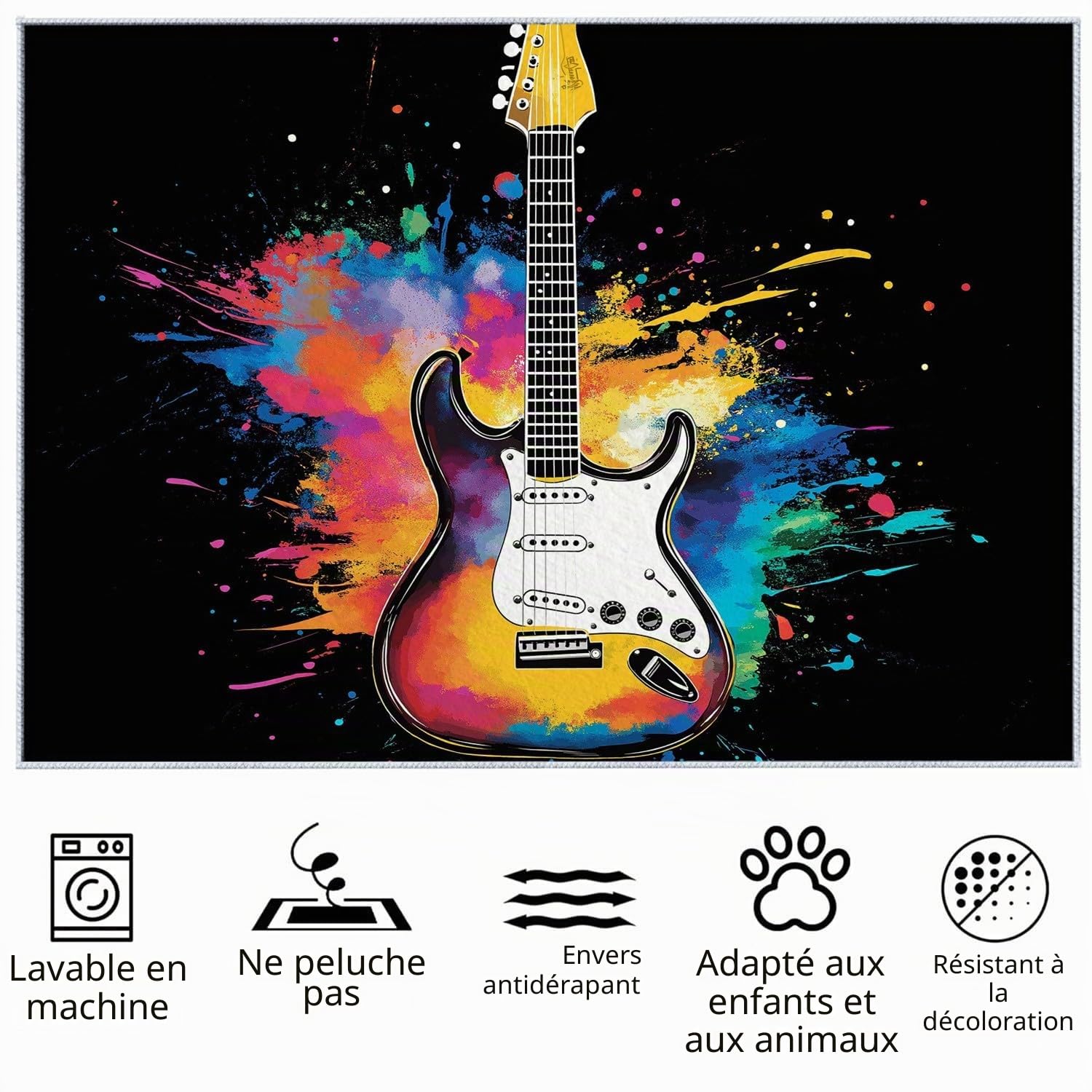 Tapis Salon Instrument de Musique Rock Guitare pour Chambre Tapis Poils Ras 100 x 160 cm, Art Musical Tapis de Salon, Tapis Rectangulaire Antidérapant, Idéal pour Les Salons et Les Couloirs