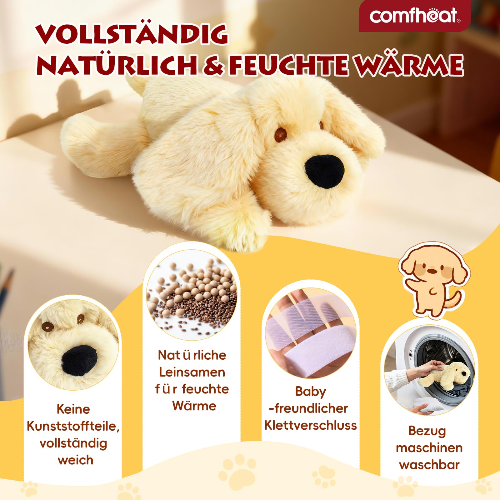 Mikrowellen-Wärmekissen Plüschhund Golden Retriever | Waschbarer Wärmebeutel, lindert Krämpfe, Bauchschmerzen und Anspannung, kindersicheres Kuscheltier für Geschenkzwecke