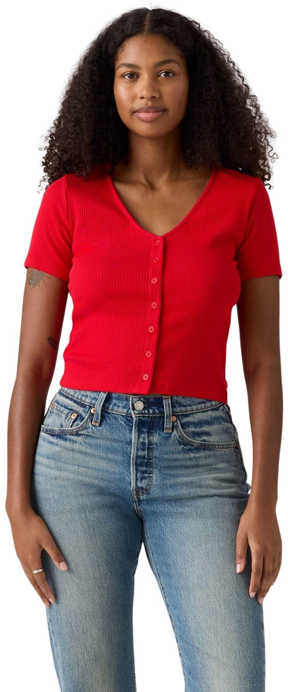 Levis Women's Short Sleeve Striped T-Shirt - True Red Rib - 8 (XS)