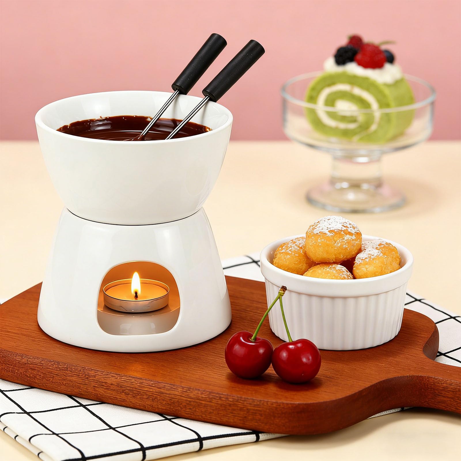 Set de Fondue de Chocolate 300 ml – Olla de Cerámica con 2 Tenedores, Mini Cazuela para Chocolate, Queso y Mantequilla – para el Hogar, Cenas en Pareja o con Amigos