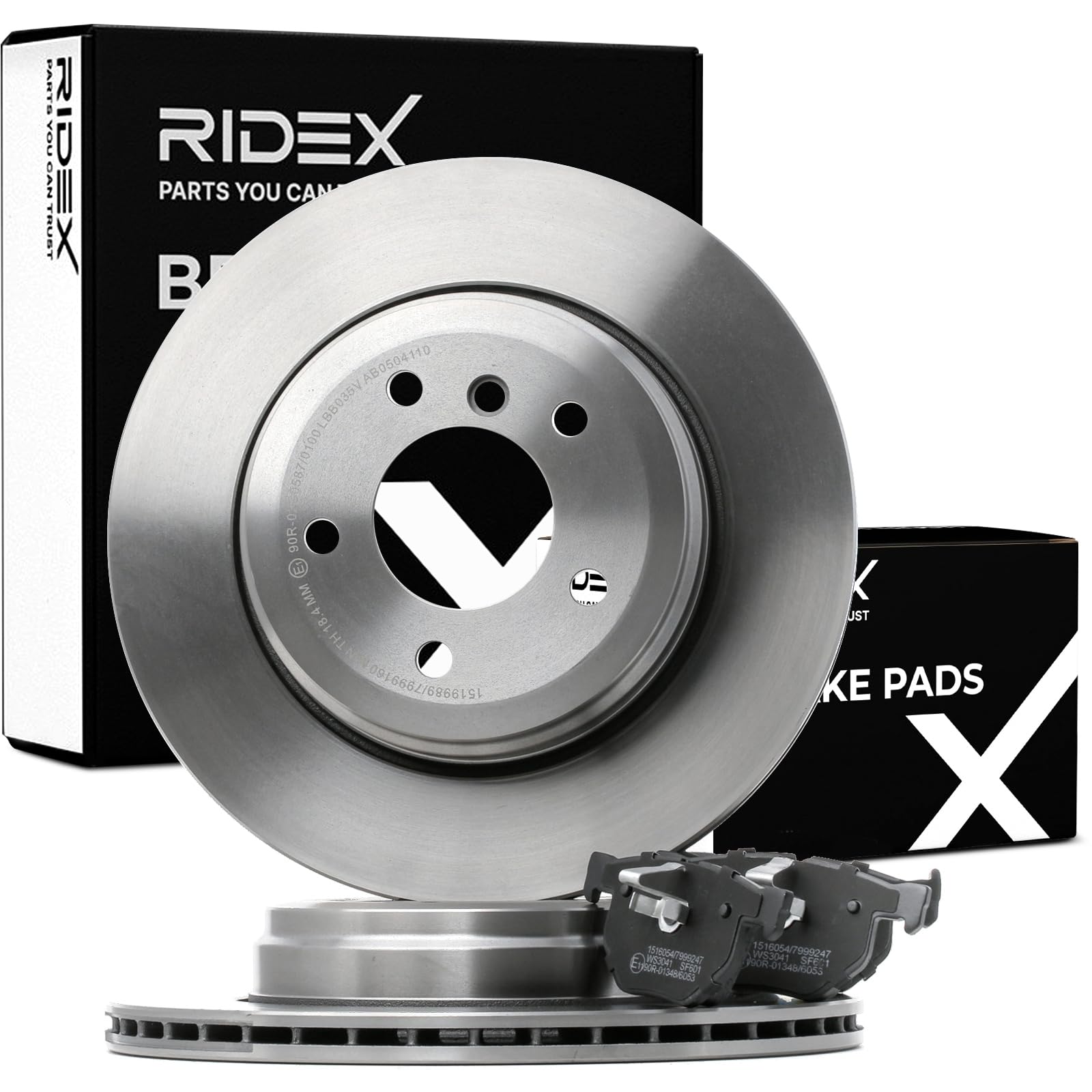 RIDEX 3405B0858 Juego para eje Kit de discos de freno y pastillas Trasero con clip de émbolo Compatible con BMW 5 Sedán E60