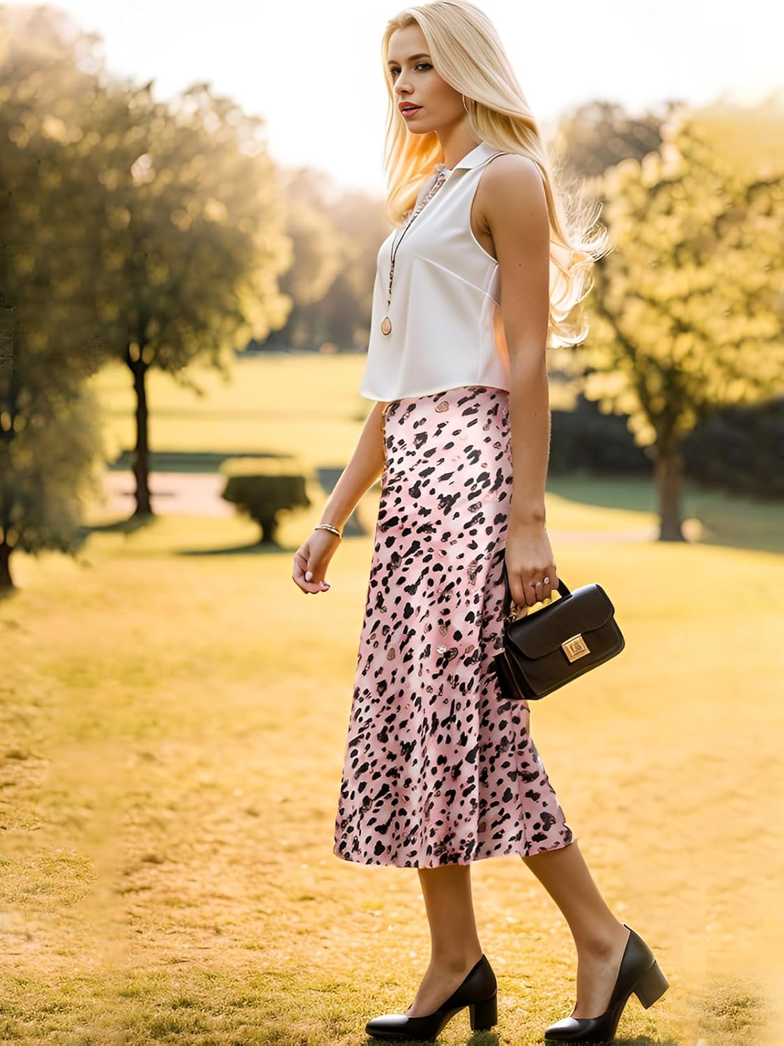 Womens Leopard Print Skirt Trendy Summer Midi Long Length Silk Satin High Waist Elastic Skirts - Image 3