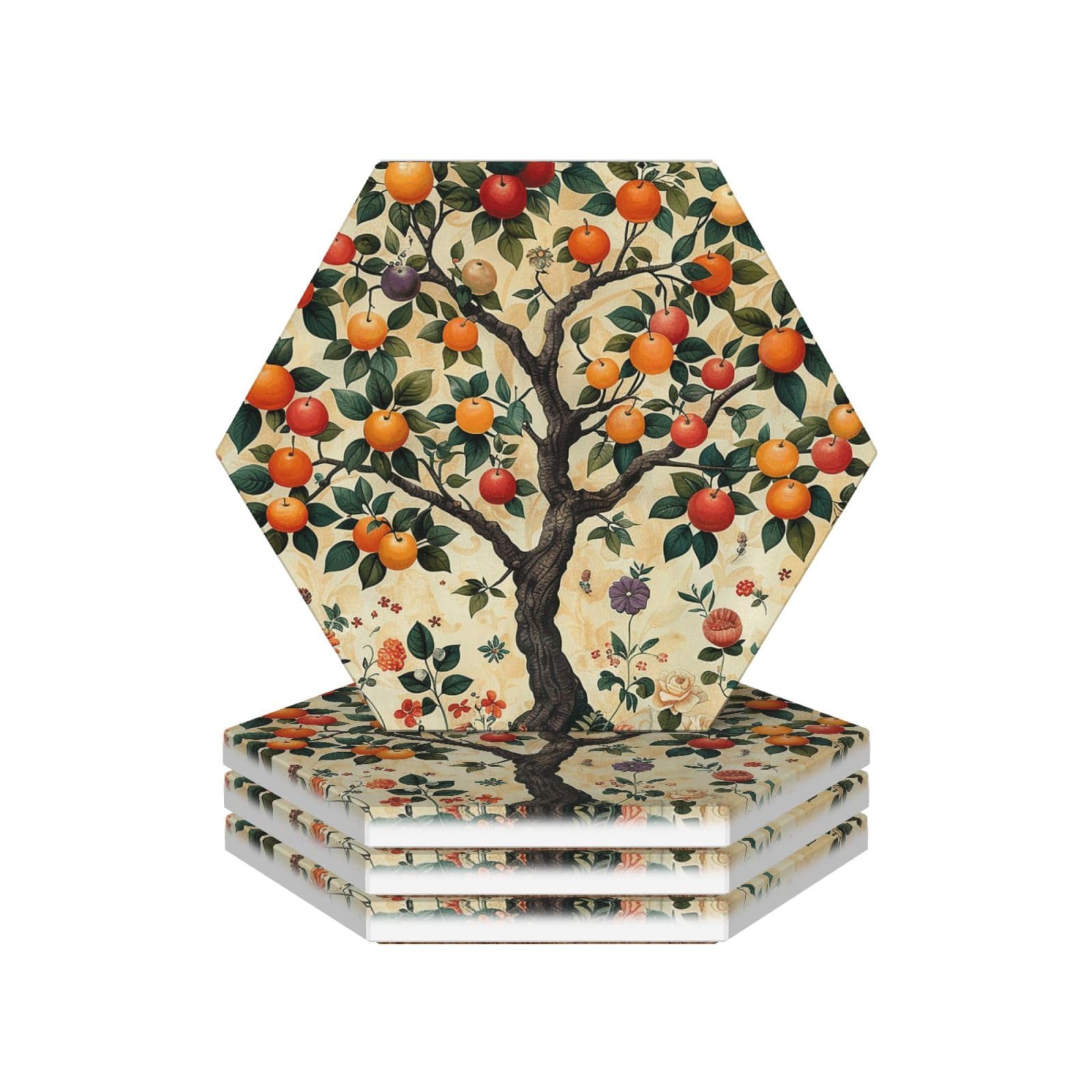Drink Coasters Set of 4 Ceramic Coaster Plants and Fruits Coasters for Drinks Cups Mugs Mat Pads Absorbent Non-Slip Decorative Cup Coaster for Coffee Table Kitchen Bar Home Decor