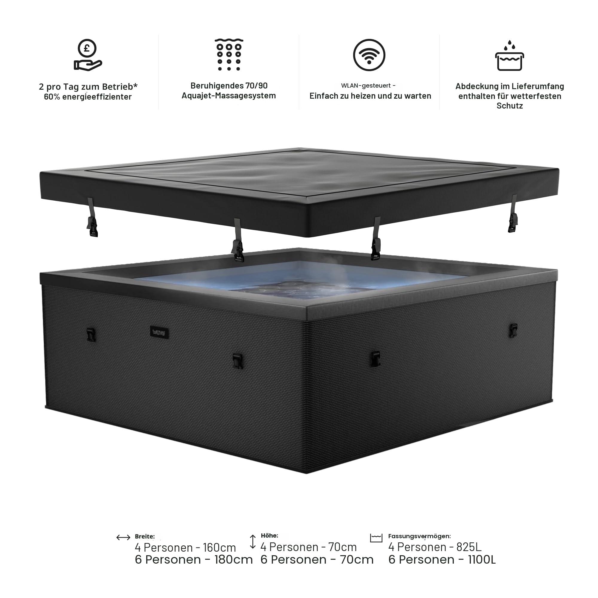 Wave Garda Eco Foam Spa | Tragbarer Outdoor-Hot Tub mit schneller Aufheizung | Strapazierfähiges PVC-Material | Einfacher Aufbau (Charcoal Black, 4 Person)