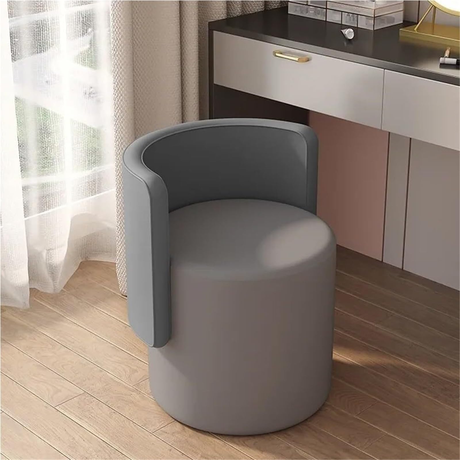 Lussuoso sgabello da trucco moderno girevole a 360 °, morbido sedile imbottito, perfetto per la decorazione della casa, elegante design grigio, comoda sedia per toelettatura per routine di bellezza