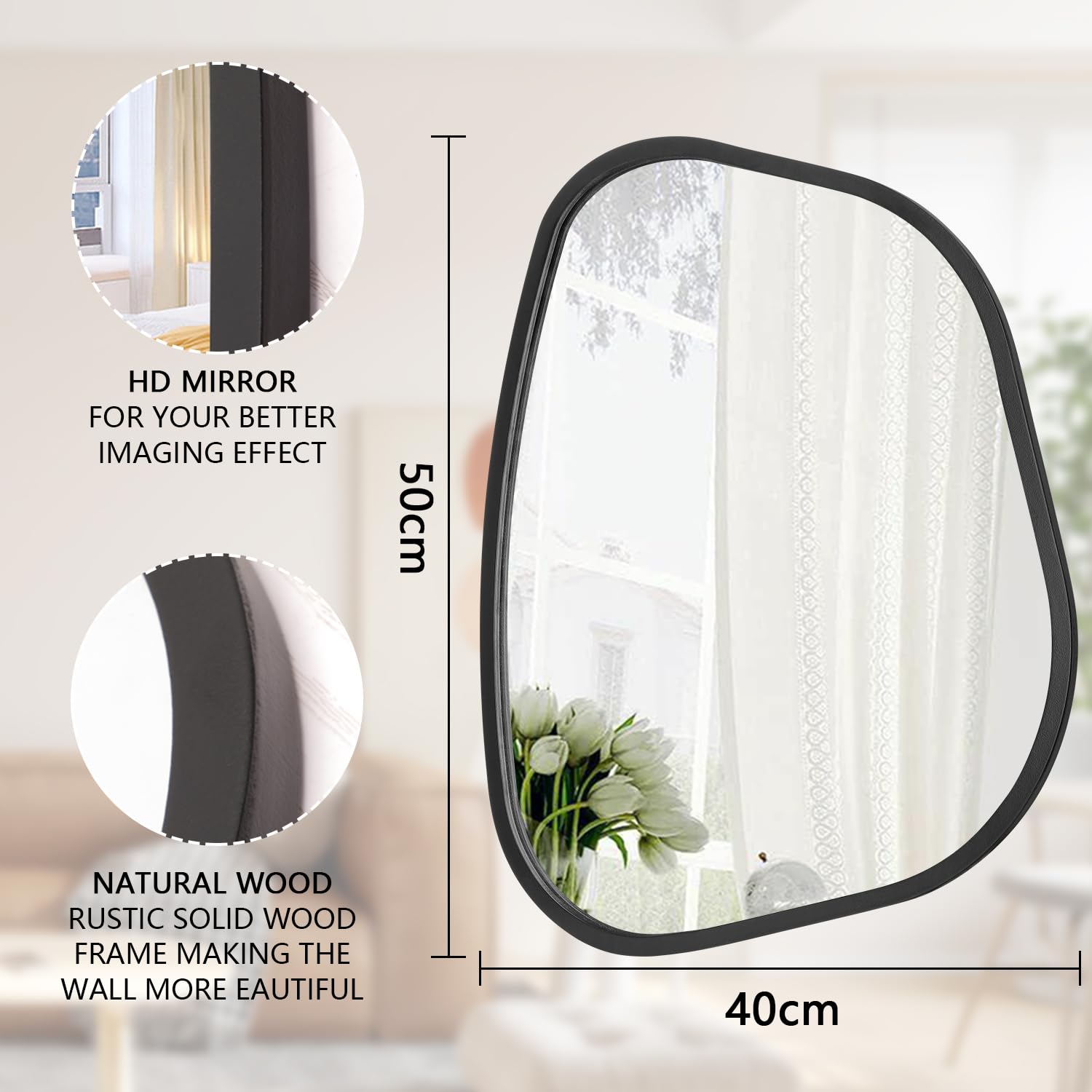 Schwarzer Asymmetrischer Spiegel Großer 50 x 40 cm Unregelmäßiger Ovaler Wandspiegel Moderner Holzrahmen Wand befestigter Spiegel Dekorativ für Wohnzimmer Schlafzimmer Badezimmer