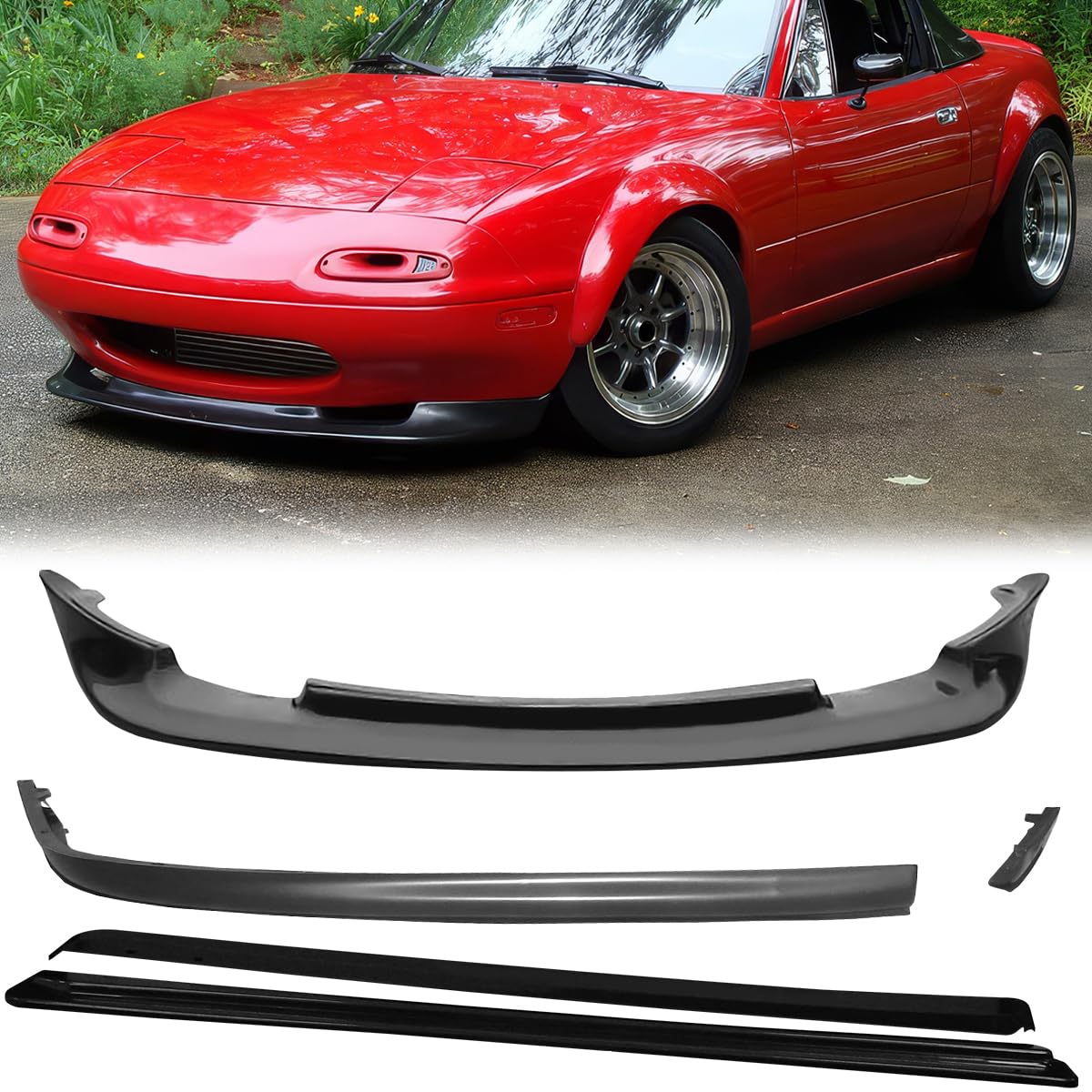 MagicDrift Front & Rear Bumper Lip & Side Skirts, Compatible with 1990-1997 Mazda Miata, Flexible Polyurethane(PU) Exterior Auto Part, Unpainted Black