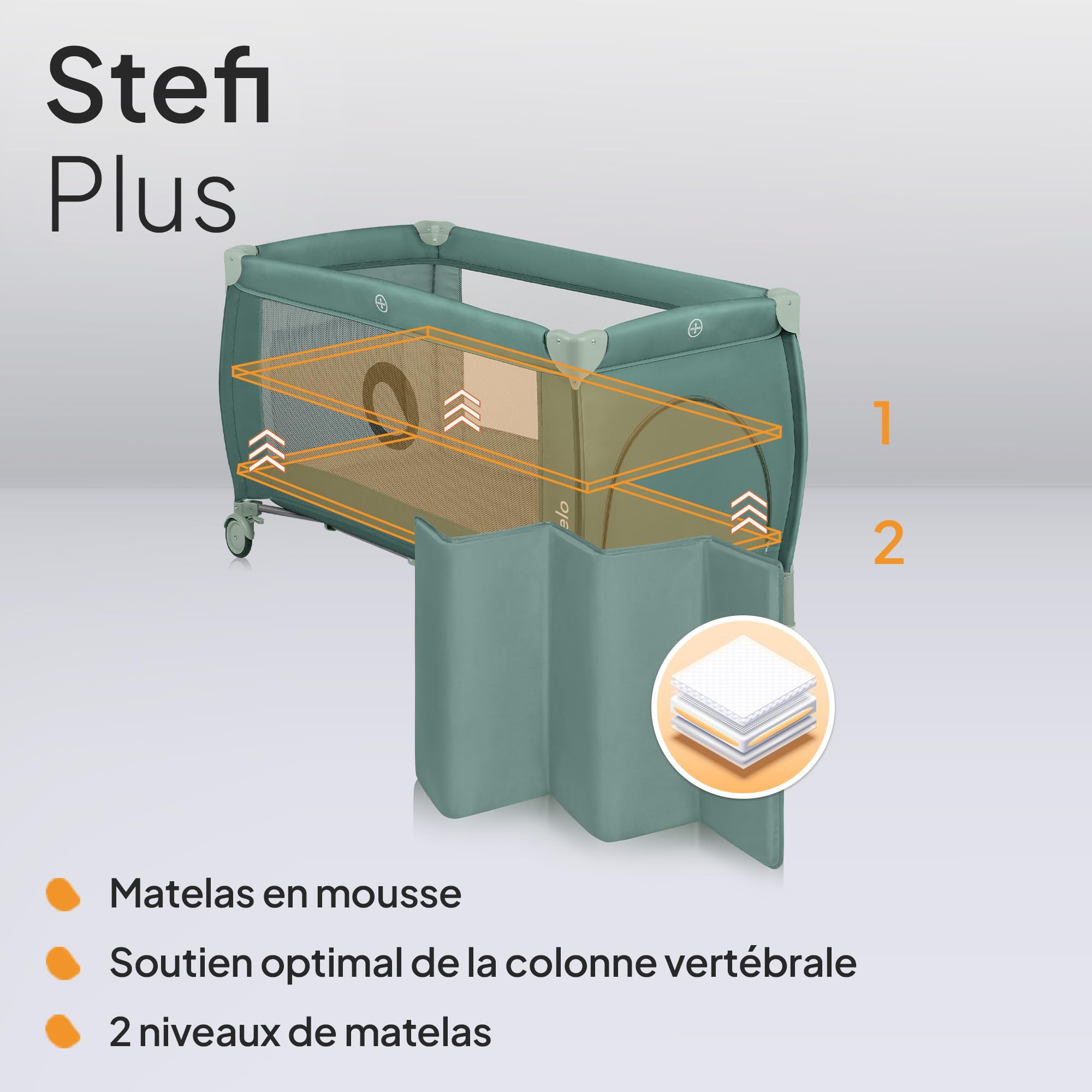 lionelo Stefi lit Bebe Bebe jusqu'à 15 kg, entrée latérale, Dispositif de Protection Contre Le Pliage accidentel LockGuard, système de Pliage Rapide, Sac de Transport (Grey) (Green)