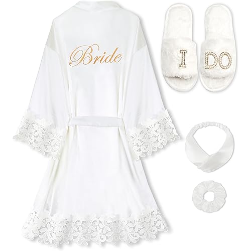EPLAZA 4 Pcs Bride Robe for Wedding Day Set Bridal Robe with Slippers Lace Trim Wedding Robe for Bridal Bachelorette Party