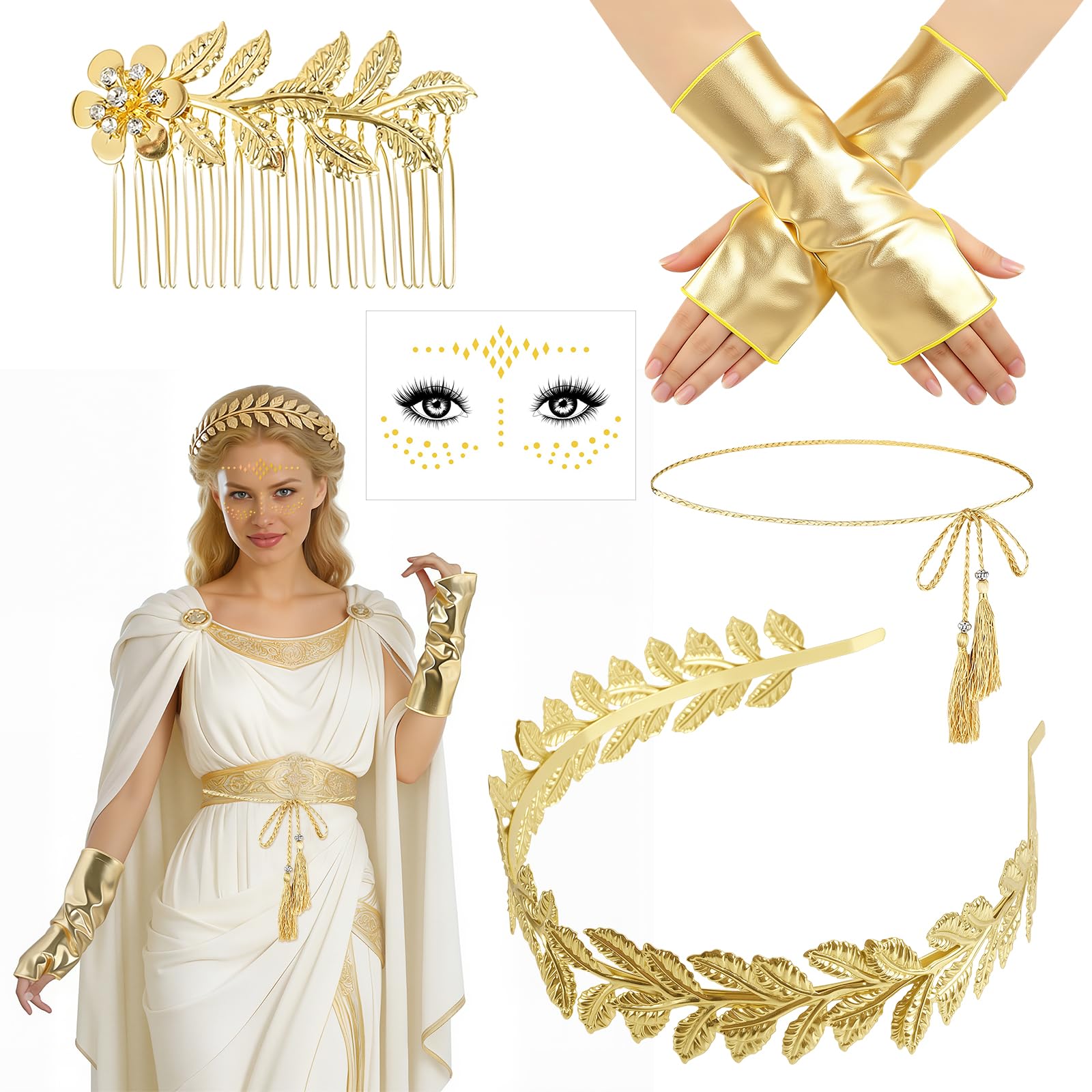 Kuvarix Accesorios de Disfraz de Diosa Griega, Disfraz Diosa Griega Mujer Accesorios Corona Laurel Romana Peine, Diadema de Corona Hoja Laurel Dorado,Guantes, Cinturón, Pegatinas para Tatuajes