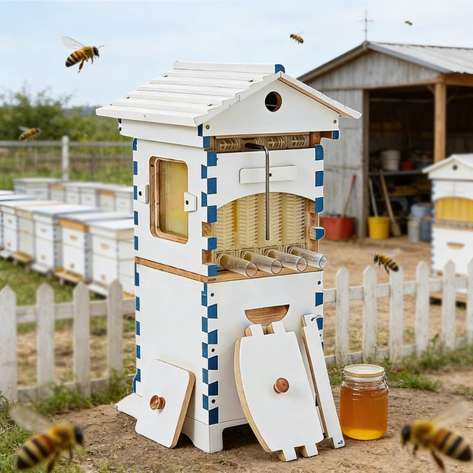 Ruche à flux automatique en bois noble avec 6 plateaux