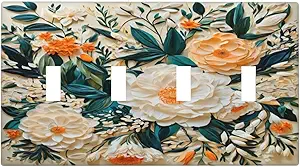 Decorative Switch Covers Plate Rustic Big Flowers Abstract Floral 4 Gang Wall Plate Oversized Quad Toggle Light Switch Plate Jumbo Faceplate for Country Bedroom Home Decor