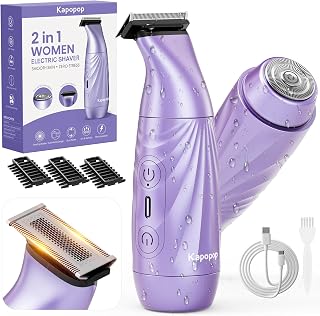 Kapopop New Upgrade Painless 2-in-1 Bikini Trimmer for Women,Electric Shaver & Razor with Dual Heads for Body Pubic Underarm & Facial Hair,IPX7 Waterproof Wet & Dry,Rechargeable Cordless Lady Trimmer
