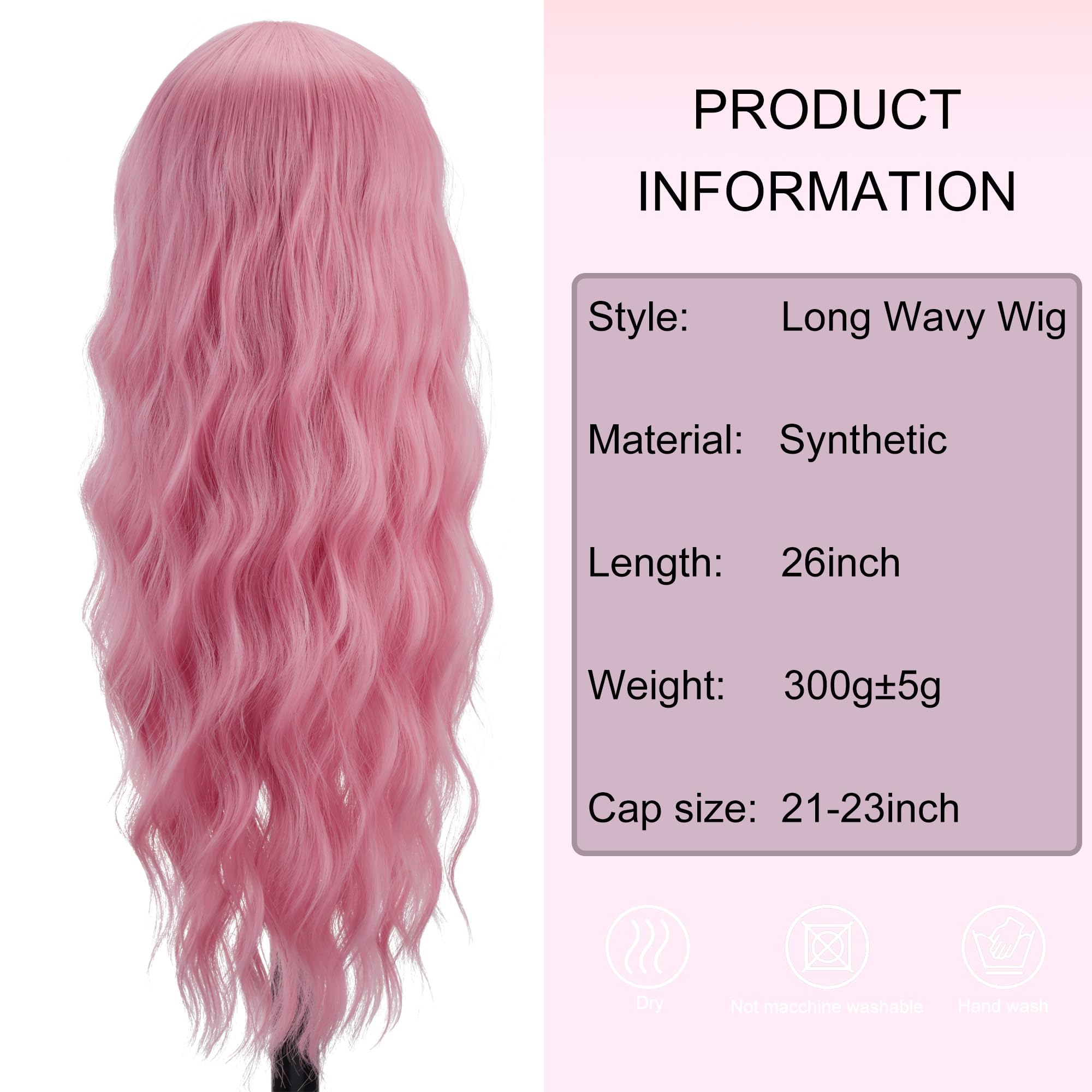 PORSMEER Long Pink Wavy Wig for Women 26 Inch Middle Part Curly Natural Looking Synthetic Heat Resistant Fiber for Daily Party Use - Image 4