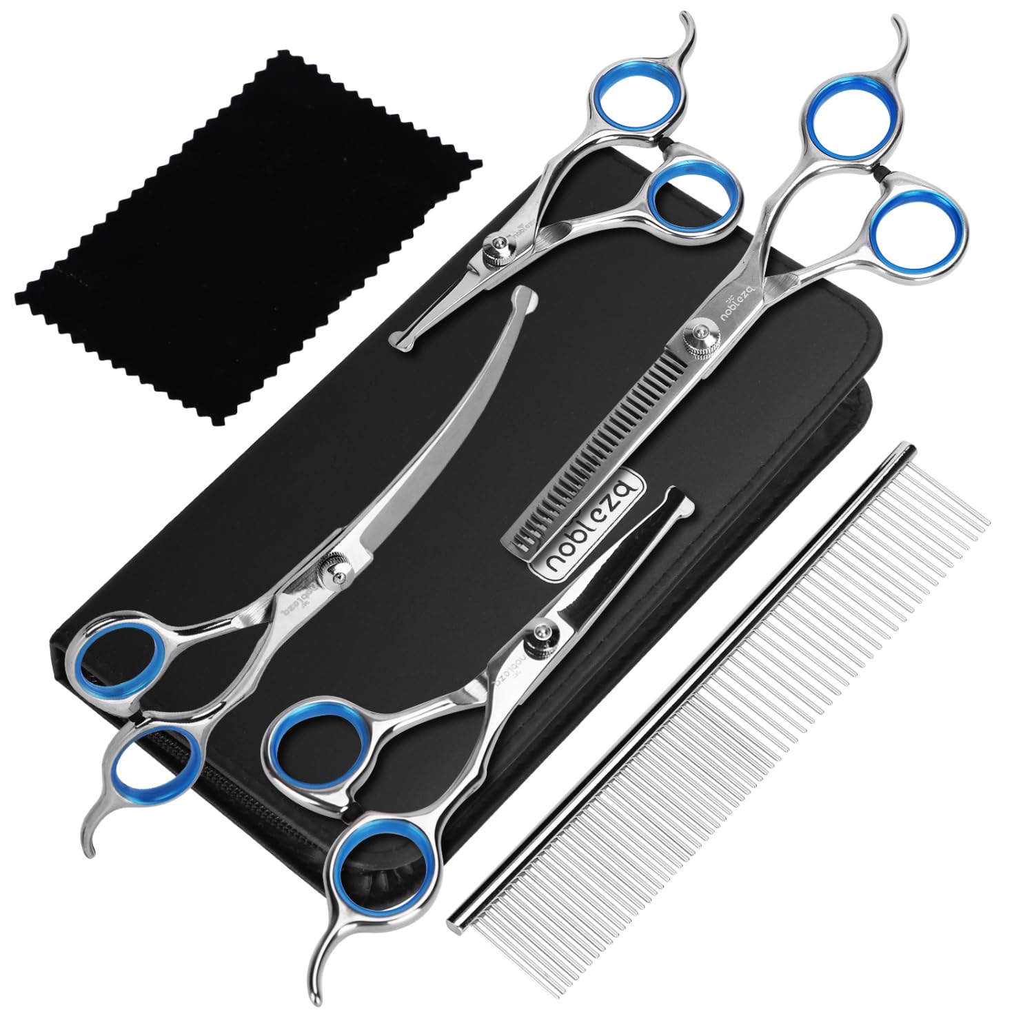 Nobleza Dog Grooming Scissors Set 6 in 1, Dog Curved Scissors, Thinning Scissors, Long and Short Straight Scissors Kit with Combs, Professional Stainless Steel Pet Scissors for Puppy Cat Hair Trimming