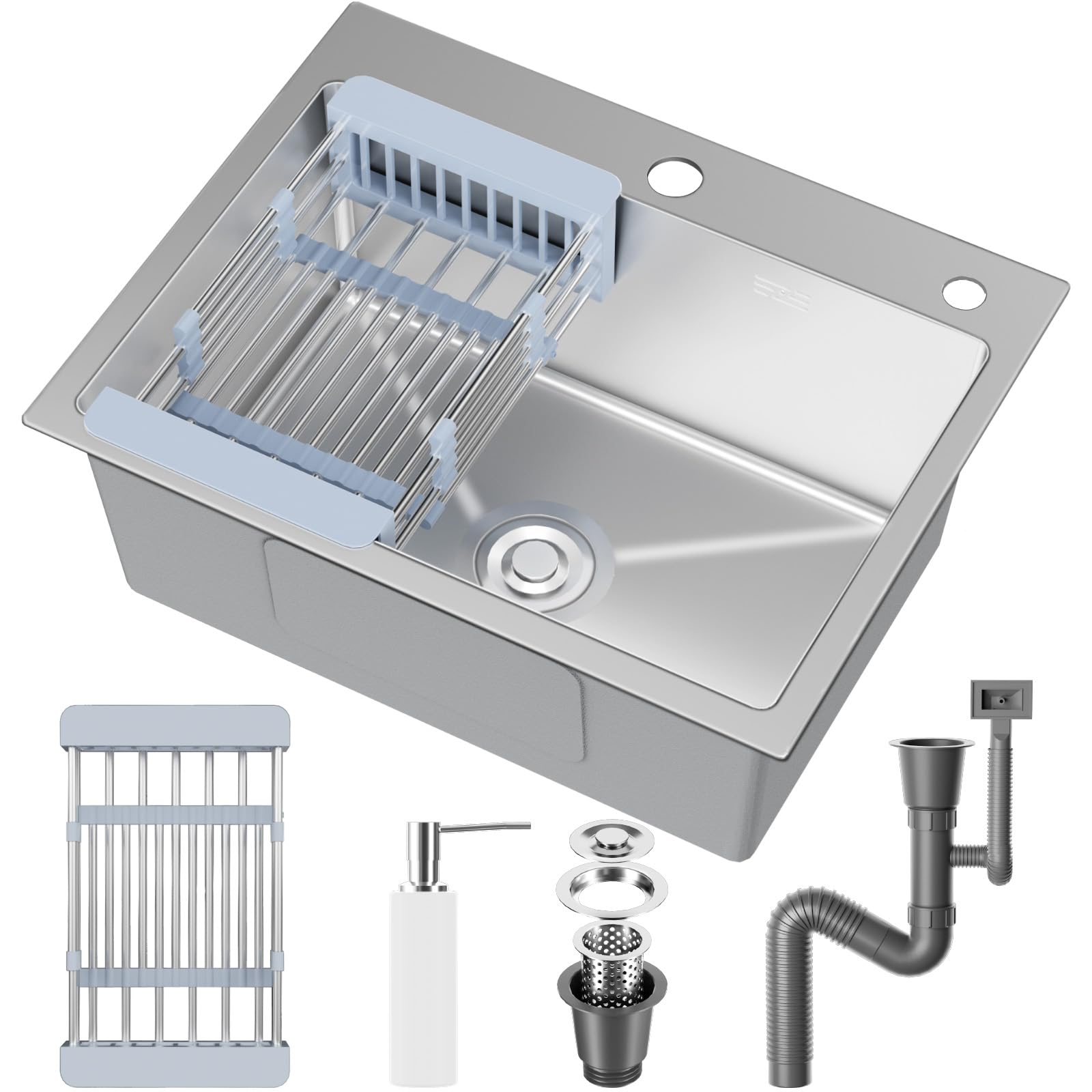 Lavello Cucina in Acciaio Inox 55x43cm, Lavandino da Incasso e Sottotop con Cestello Filtro, Sicrone e Kit Drenaggio Completo