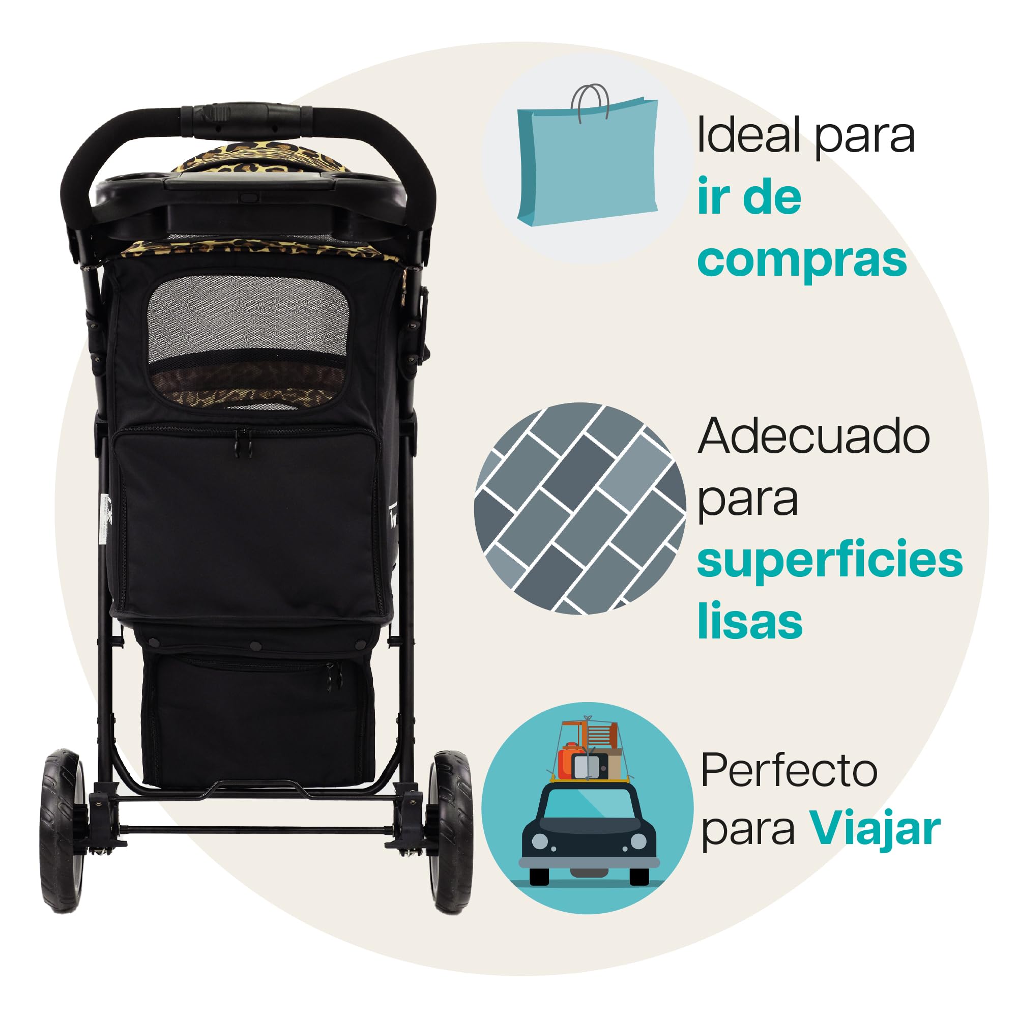 Innopet Carrito Allure Cheetah - Cochecito con estampado de leopardo, ruedas antipinchazos, plegado rápido, hasta 20kg, con cesta y 2 correas de seguridad