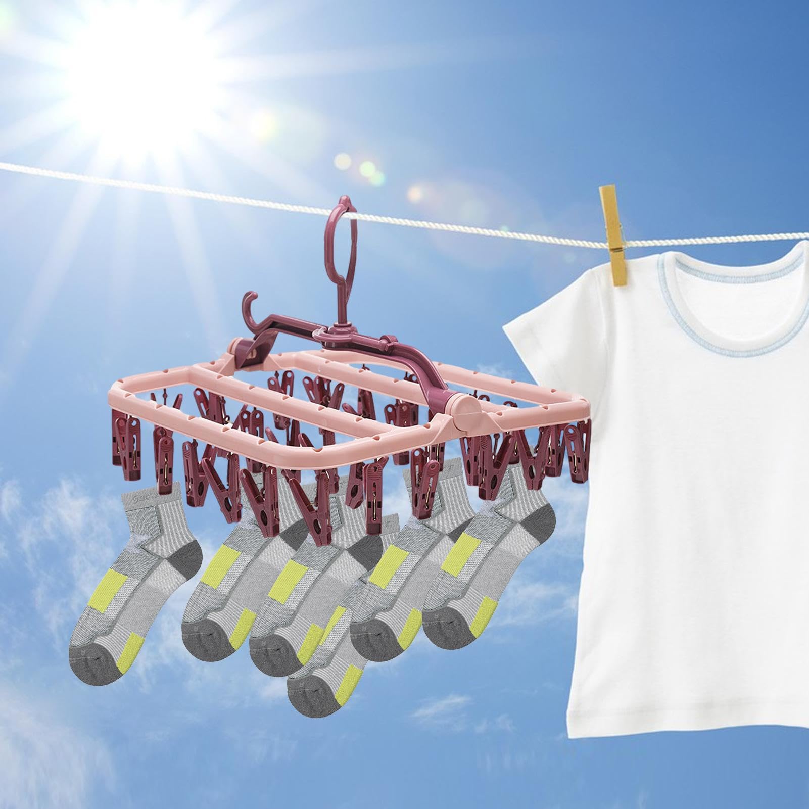 Séchoir à Linge Coupe-vent Pliable Bleu - 32 Pinces, Crochet Rotatif 360° - Pour Chaussettes, Sous-vêtements, Serviettes
