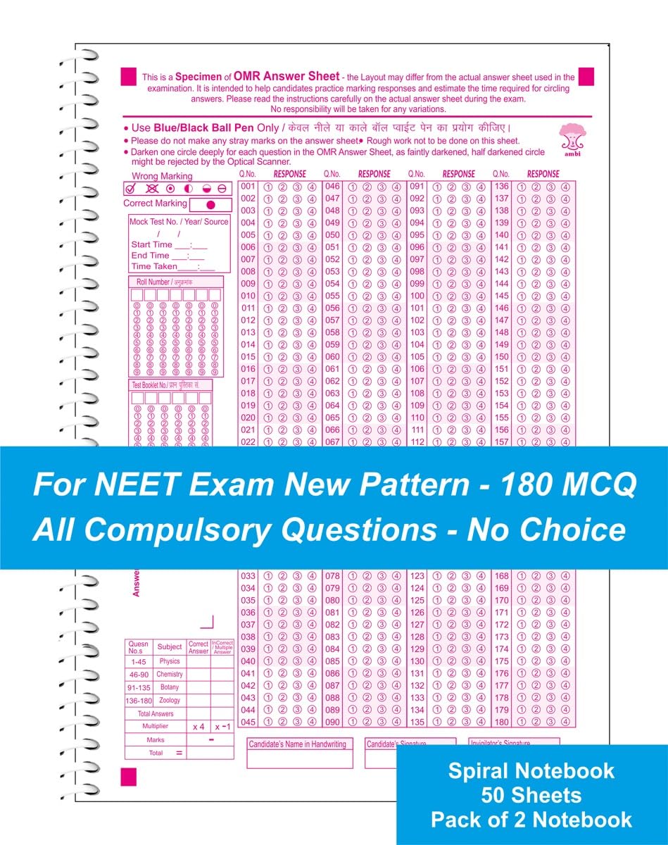 amblitz OMR Sheet For NEET | 180 MCQ | NEW PATTERN 2026 | A4 Size | 50 Sheets Notebook | Pack of 2 | Spiral Notebook |