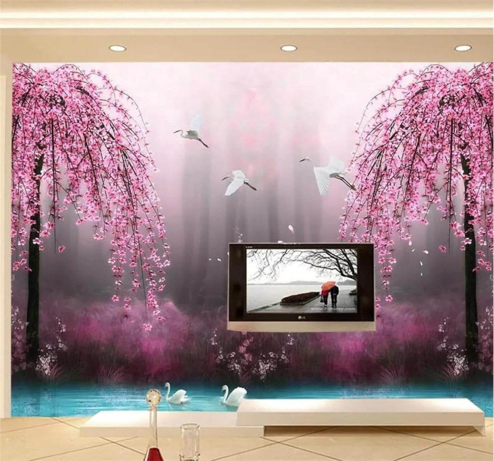 Tzxztt 400Cm×280Cm(B×H) Ethereal Pink Peach Blossoms Lake Fairyland Modern 3D Wallpaper Premium Textured Silk Neutral Tones Material Ideal For Living Room Bedroom-400Cm×280Cm