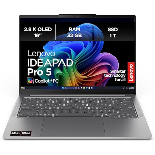 Lenovo IdeaPad Pro 5 AI Laptop | 16” 2.8K OLED Display | Copilot+ PC | AMD Ryzen AI AI 7 350 | 32GB RAM | 1TB SSD | AMD Radeon Grafik | Windows 11 Home | QWERTZ | Luna Grau | 3 Monate Premium Care