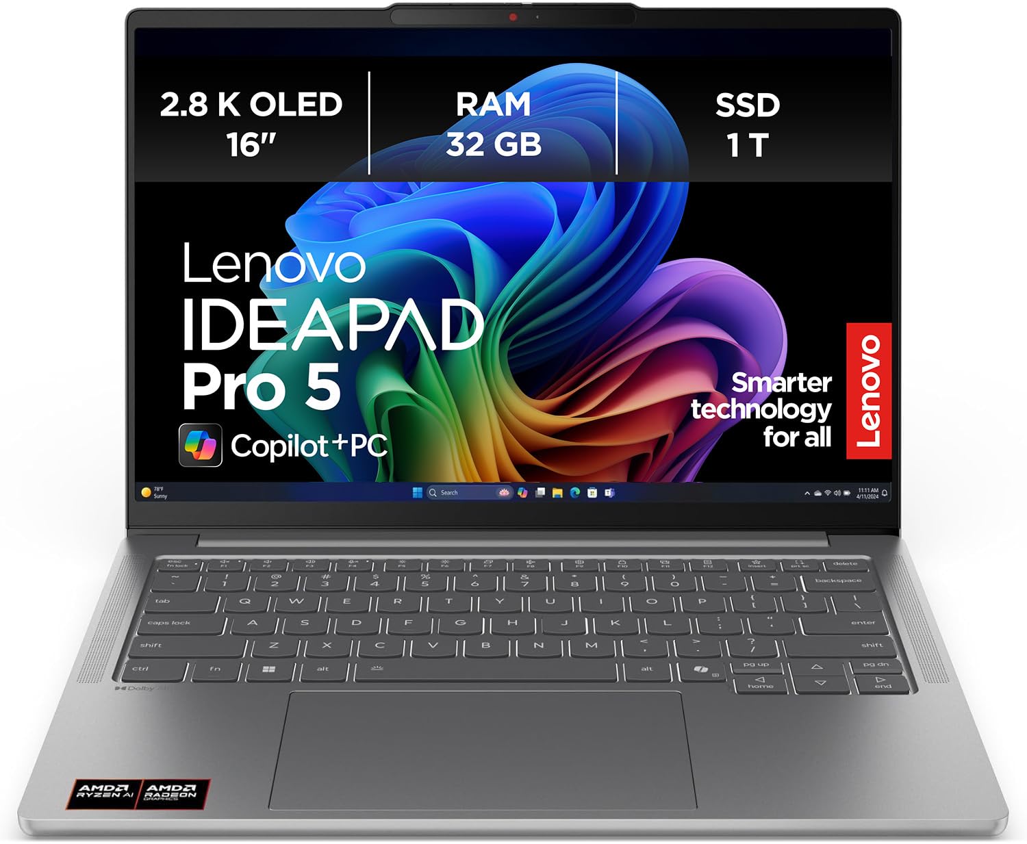 Lenovo IdeaPad Pro 5 AI Laptop | 16” 2.8K OLED Display | Copilot+ PC | AMD Ryzen AI AI 7 350 | 32GB RAM | 1TB SSD | AMD Radeon Grafik | Windows 11 Home | QWERTZ | Luna Grau | 3 Monate Premium Care