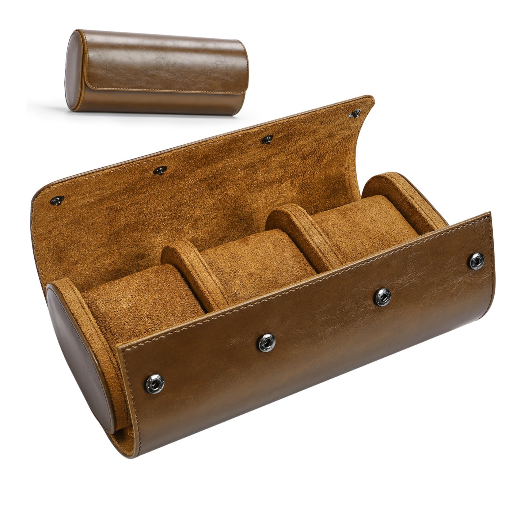 MUCKLILY 1Pc Round Watch Organizer Slots Portable Watch Box Made of Elastic PU Stylish and Durable Jewelry Storage Case for Home Travel Use