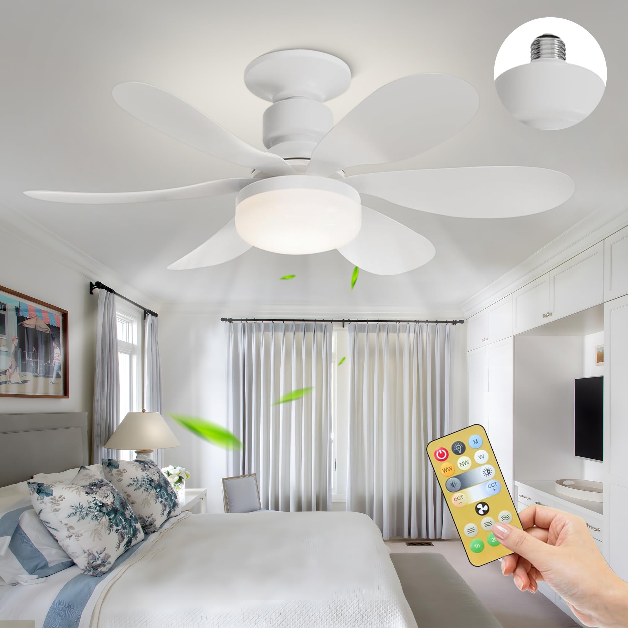 Bella Depot Socket Fan Light with Remote - 20.5” E26 Base LED Ceiling Fan with Memory Dimmable Lights for Indoor, Bedroom, Kitchen, Balcony