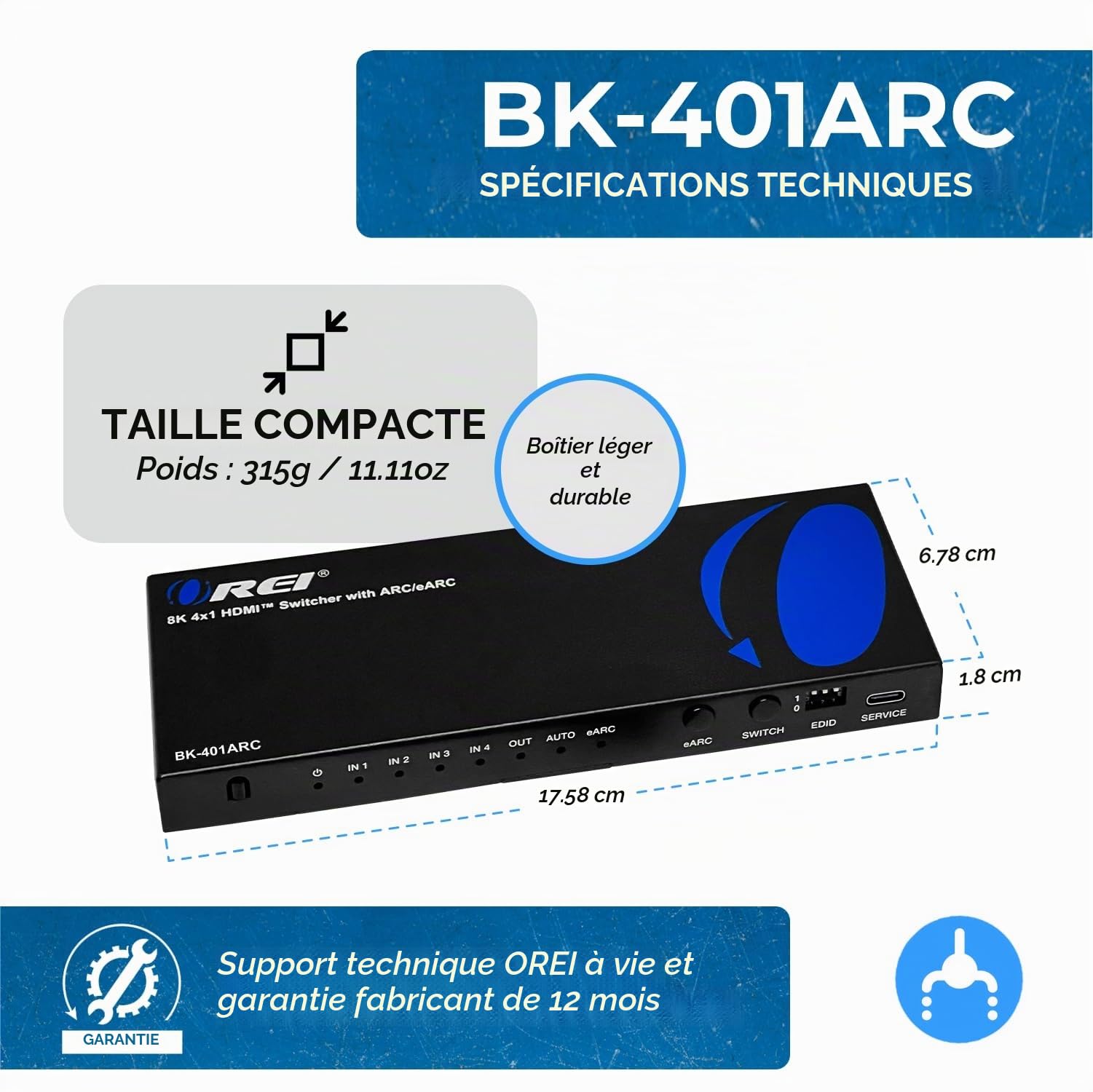 OREI 8K eARC HDMI 2.1 Switch 4 x 1, commutateur avec extracteur Audio UltraHD Prend en Charge jusqu'à 4K @ 120 Hz PS5, Jeux, télécommande Contorl IR EDID HDCP 2.3 - Sortie Optique, écouteurs L/R