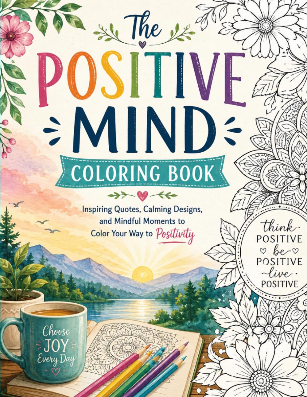 The Positive Mind Coloring Book: Adult Coloring Book with Positive Affirmations, Flowers, Mandalas, Butterflies, and Relaxing Patterns for Stress Relief and Mindfulness