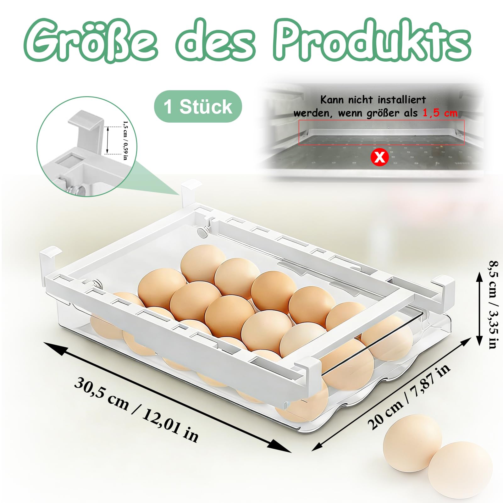 Kühlschrank Organizer, 30,5 x 20 x 8,5 cm, 1 Stück Eierbehälter für Kühlschrank, Ausziehbare Eierschublade, Eierablage, Eierhalter Kühlschranks mit Griff, für Kühlschrankregale, Gefrierschrank, Küche