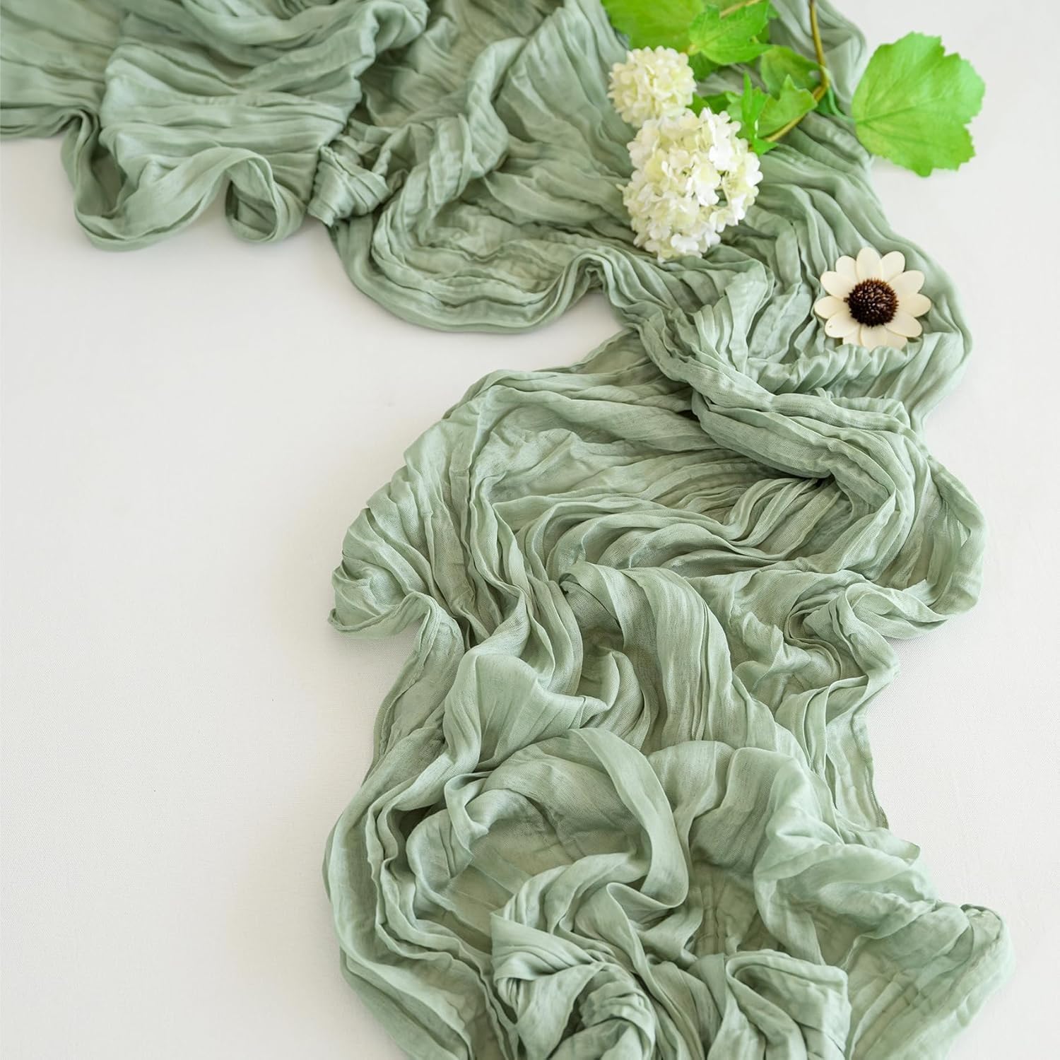 Chemin de table vert boho gaze de coton nappe rustique lavable pour decoration table mariage