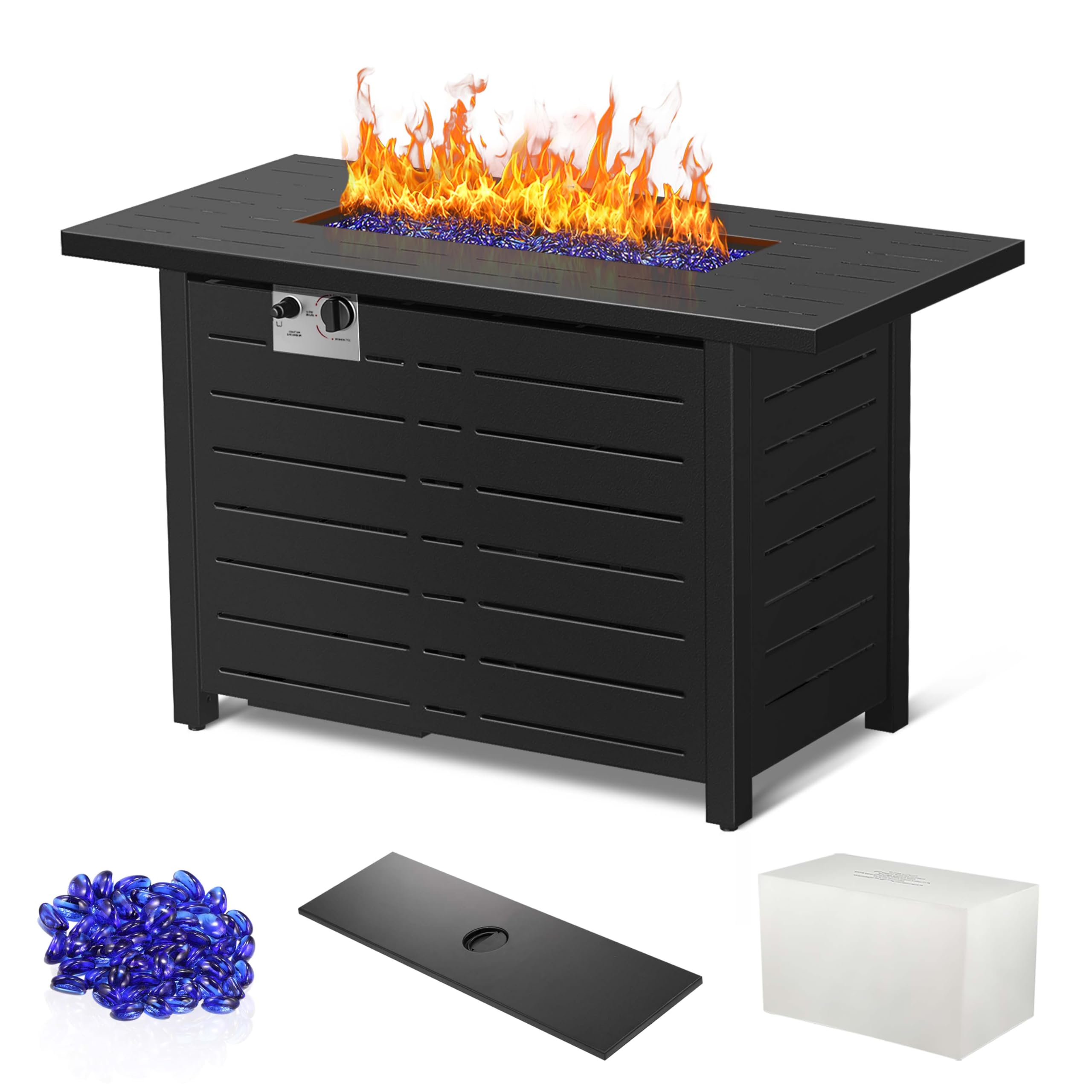 R.W.Flame 43-Inch Propane Fire Pit Table, 50,000 BTU Outdoor Gas Firepit with Waterproof Cover, Glass Stones, Removable Lid, Cup Holders, 2-in-1 Fire Table for Patio, Backyard, Garden, Black